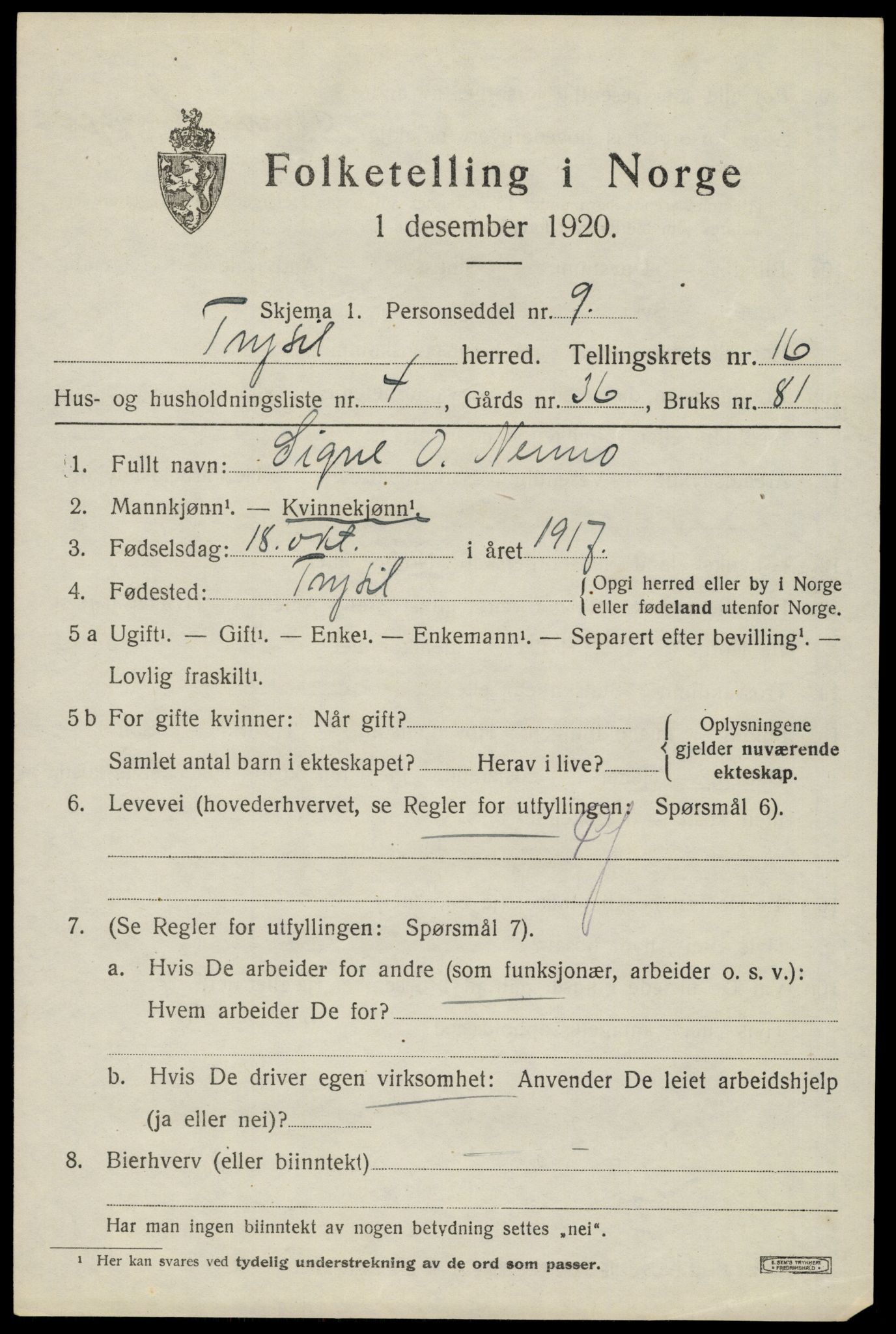 SAH, 1920 census for Trysil, 1920, p. 9483