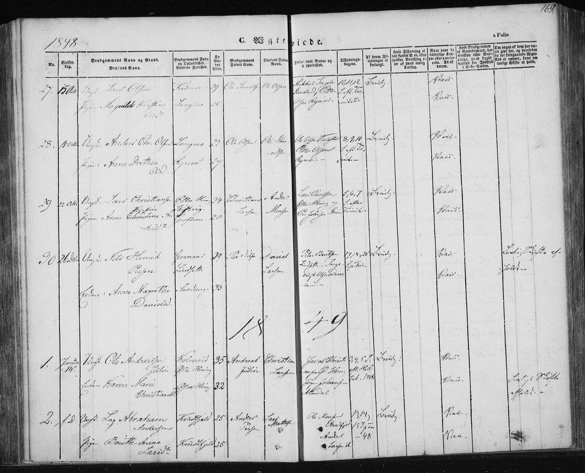 Ministerialprotokoller, klokkerbøker og fødselsregistre - Nordland, SAT/A-1459/820/L0291: Parish register (official) no. 820A12, 1846-1854, p. 169