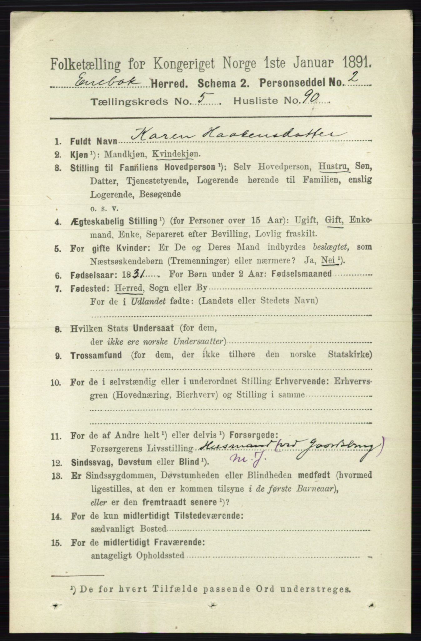 RA, 1891 census for 0229 Enebakk, 1891, p. 2538