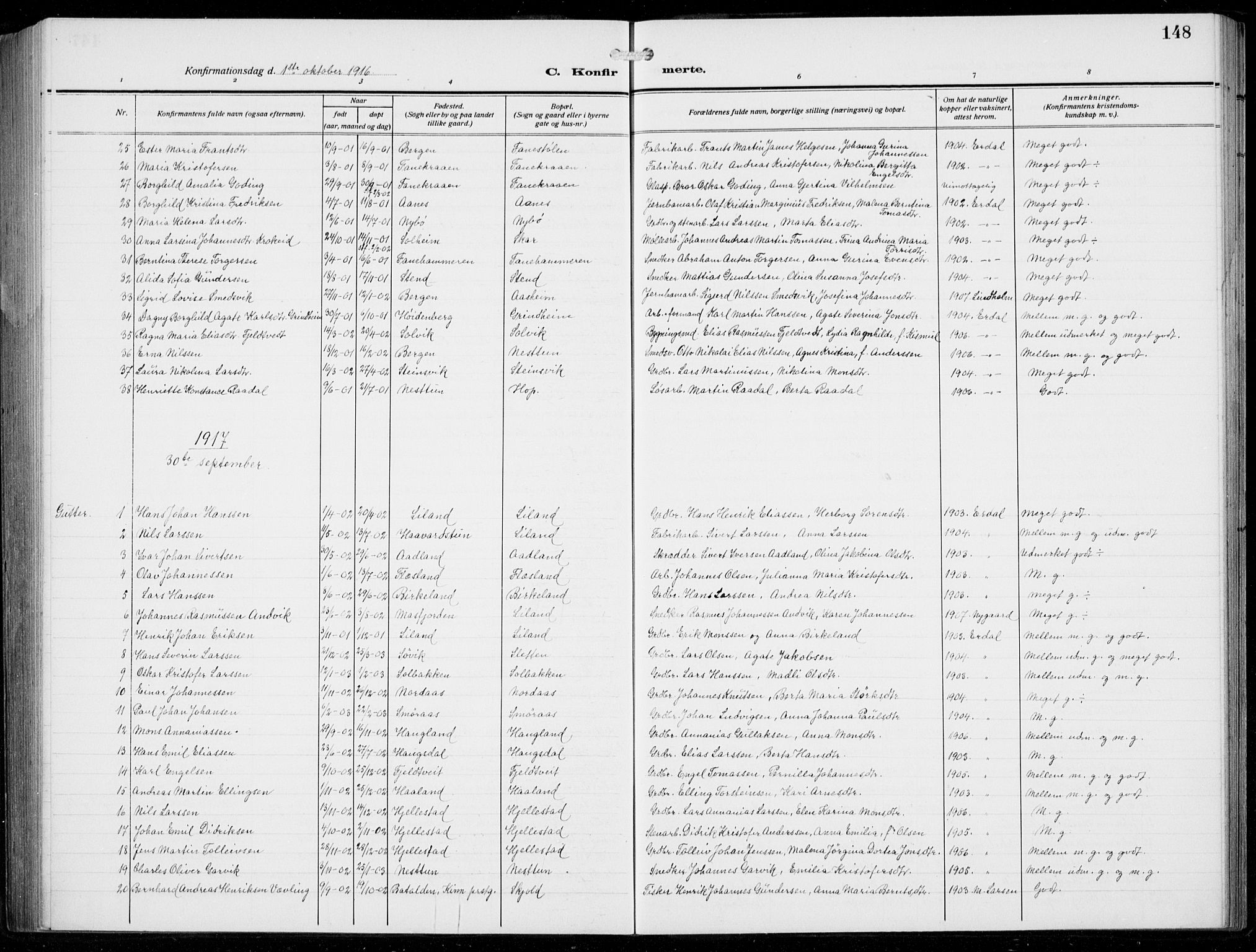 Fana Sokneprestembete, AV/SAB-A-75101/H/Hab/Haba/L0005: Parish register (copy) no. A 5, 1911-1932, p. 148