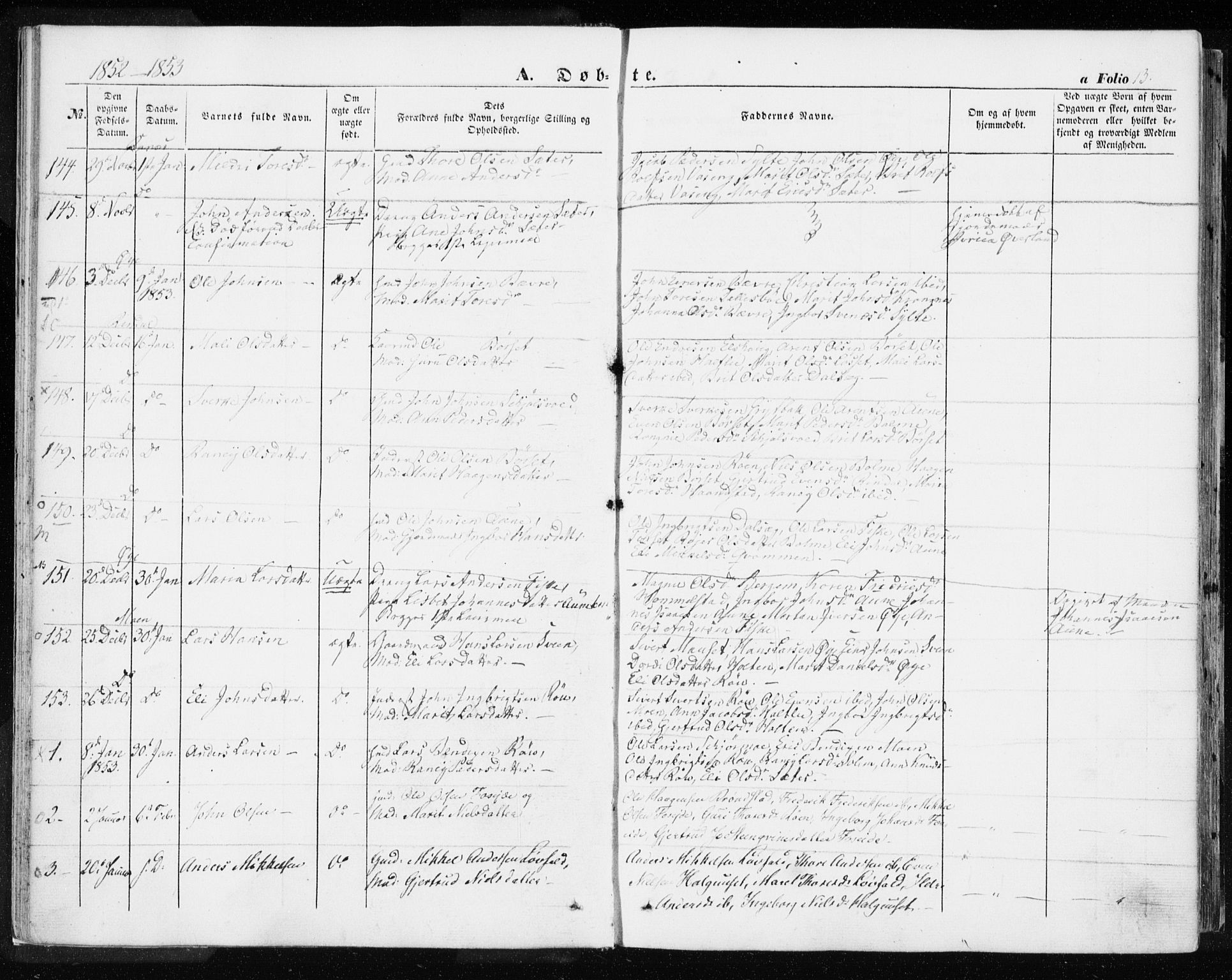 Ministerialprotokoller, klokkerbøker og fødselsregistre - Møre og Romsdal, SAT/A-1454/595/L1044: Parish register (official) no. 595A06, 1852-1863, p. 13