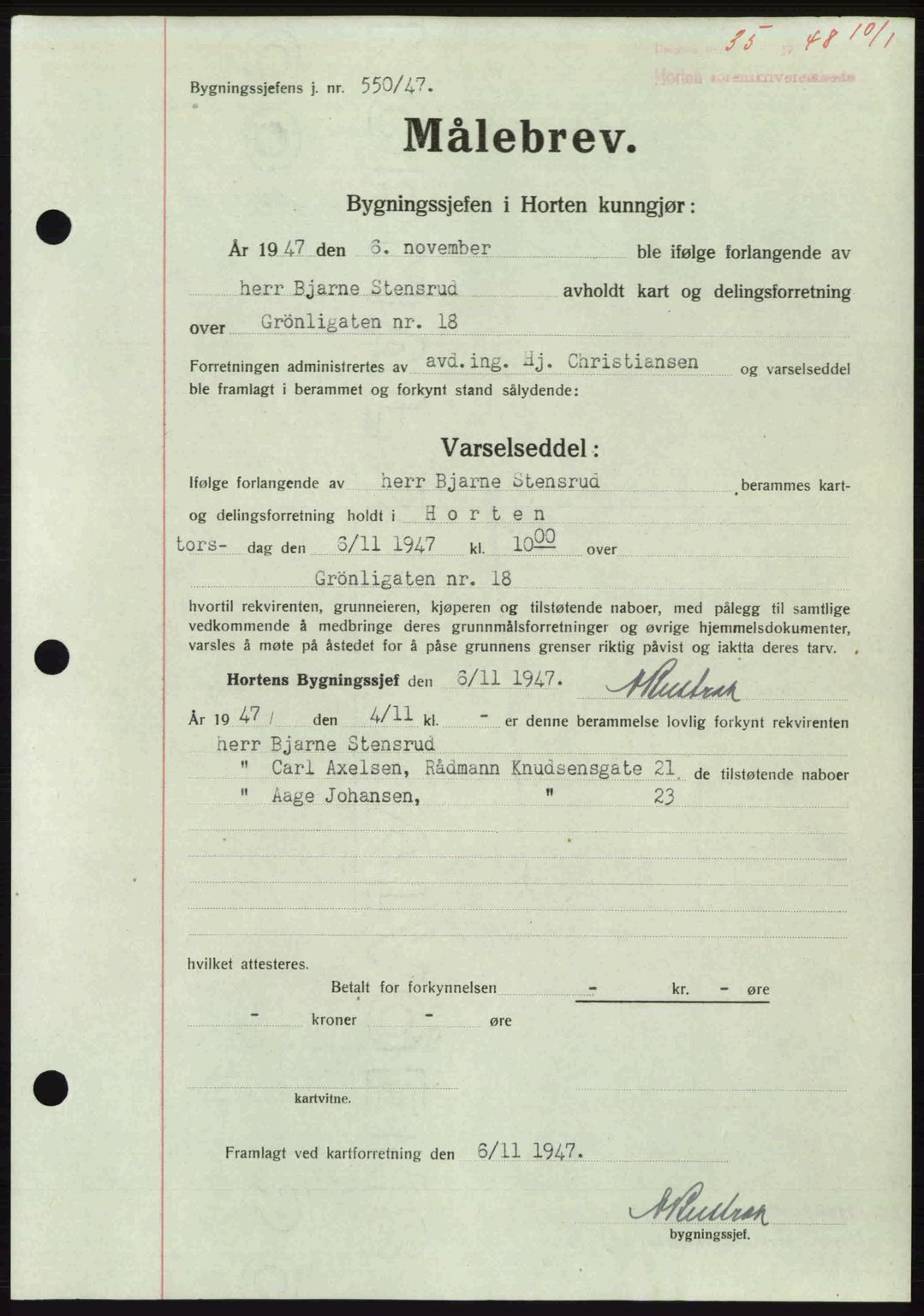 Horten sorenskriveri, AV/SAKO-A-133/G/Ga/Gaa/L0010: Mortgage book no. A-10, 1947-1948, Diary no: : 35/1948