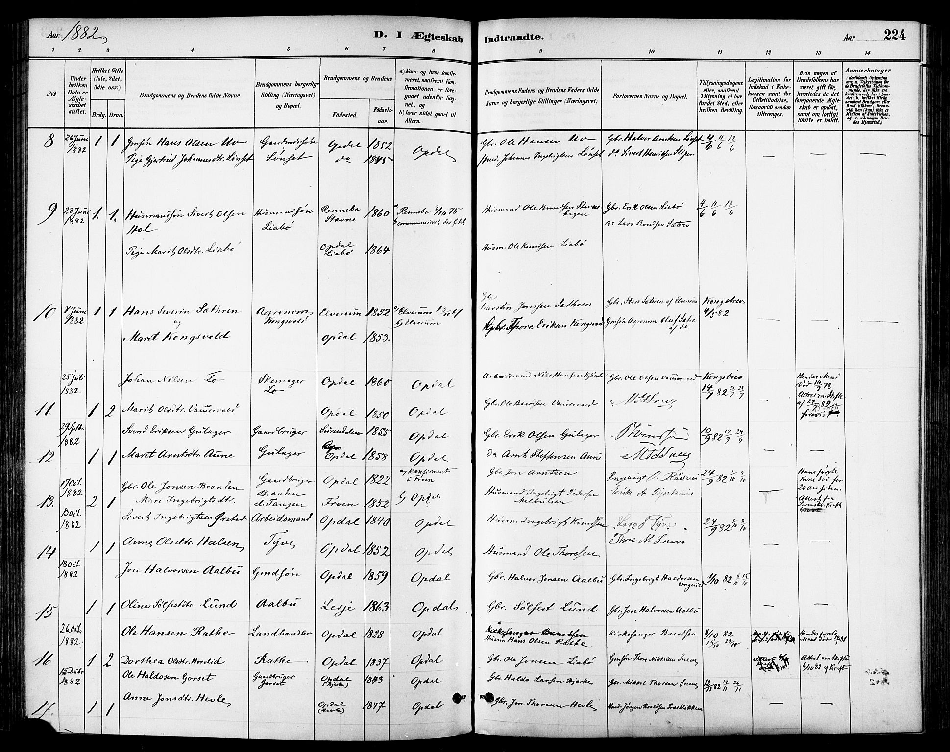 Ministerialprotokoller, klokkerbøker og fødselsregistre - Sør-Trøndelag, AV/SAT-A-1456/678/L0901: Parish register (official) no. 678A10, 1881-1894, p. 224