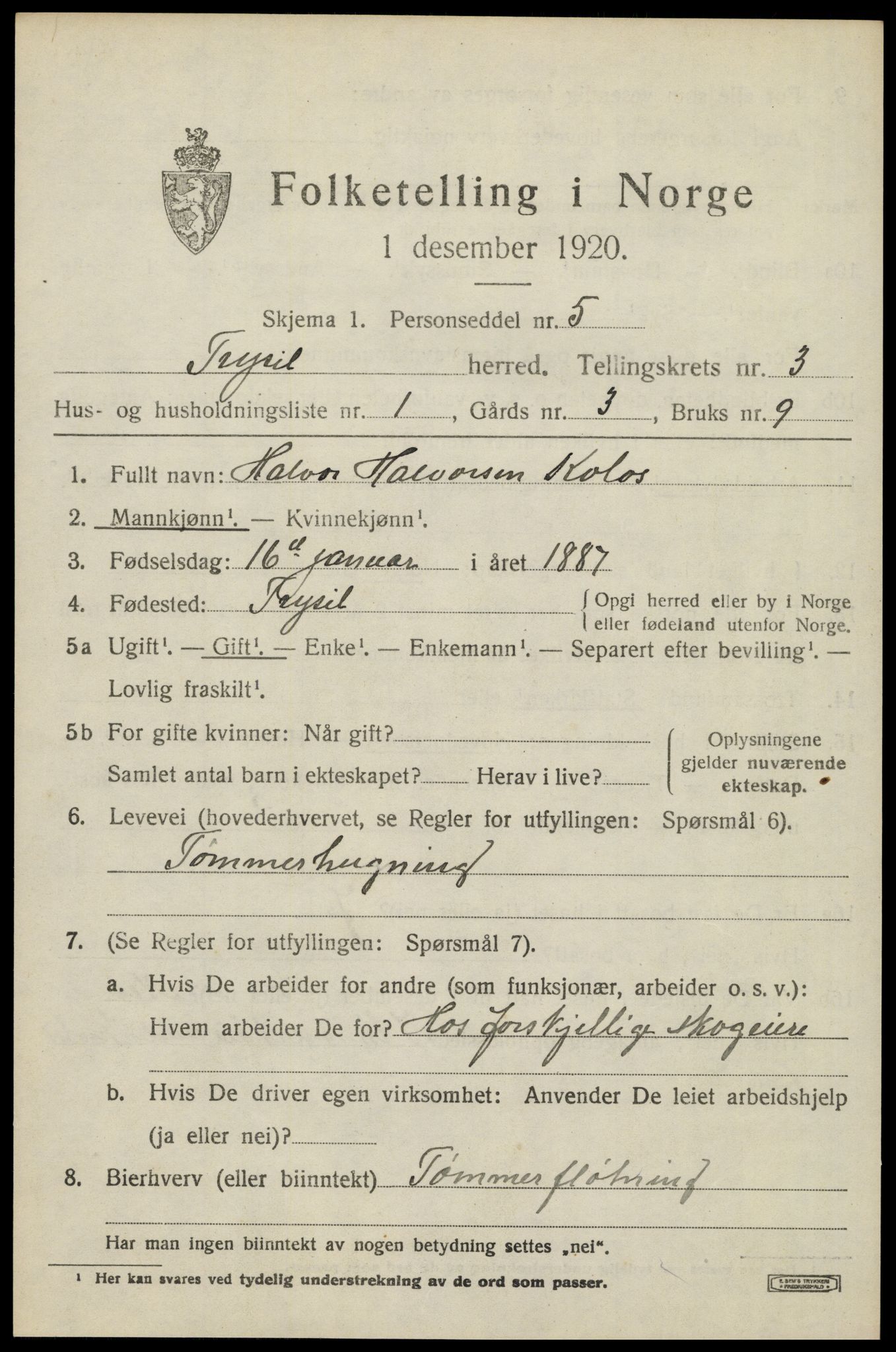 SAH, 1920 census for Trysil, 1920, p. 3485