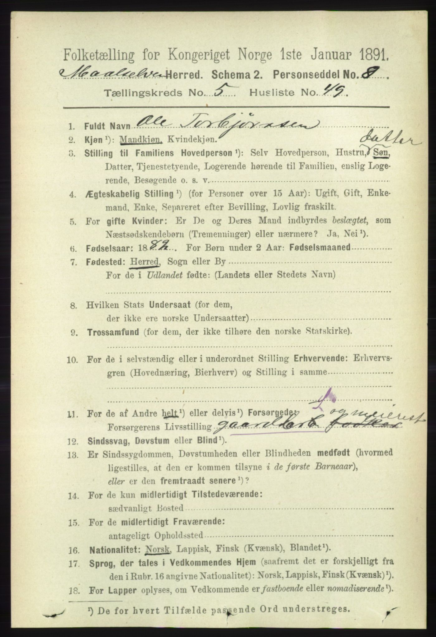 RA, 1891 census for 1924 Målselv, 1891, p. 1945