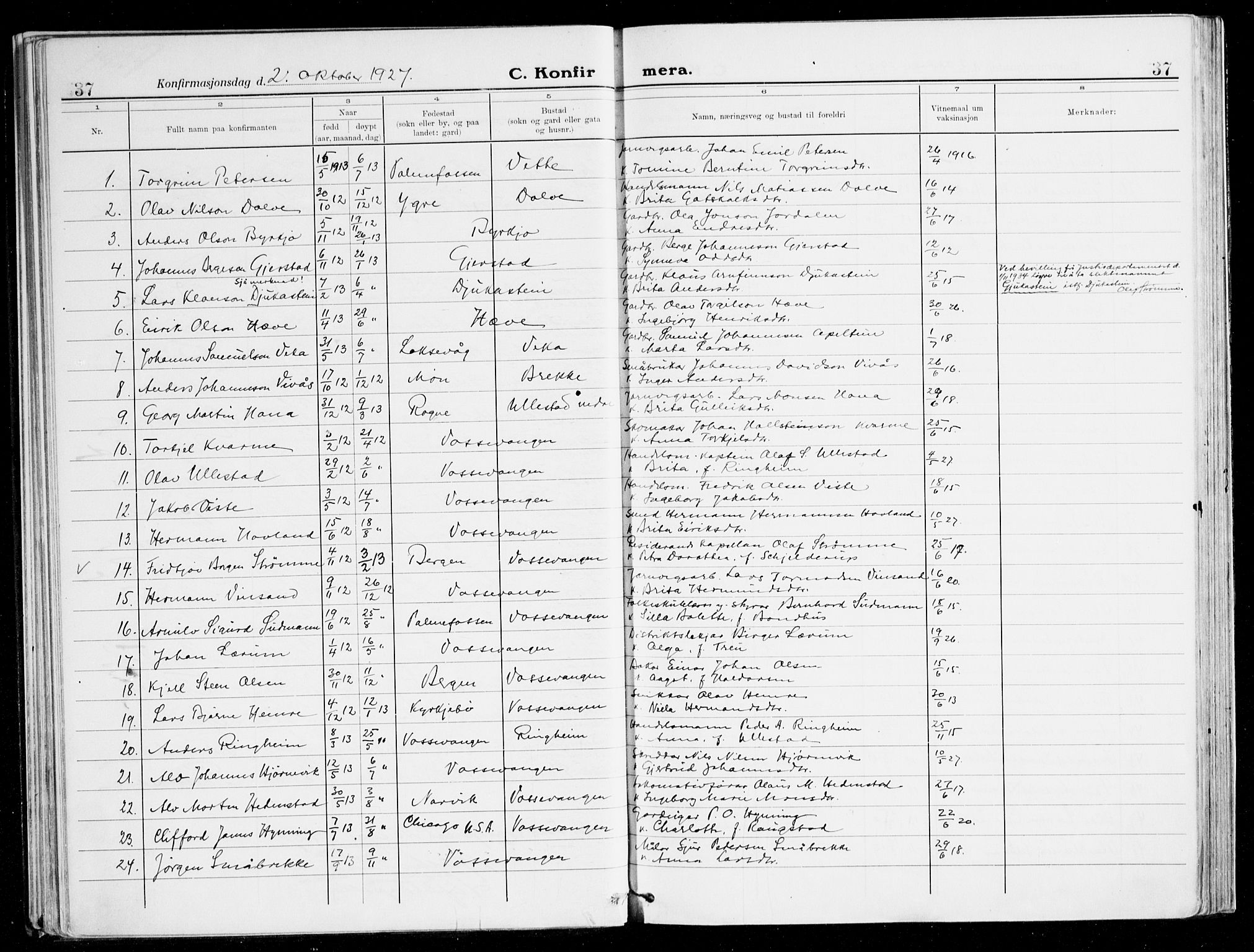 Voss sokneprestembete, AV/SAB-A-79001/H/Haa: Parish register (official) no. B 3, 1922-1942, p. 37