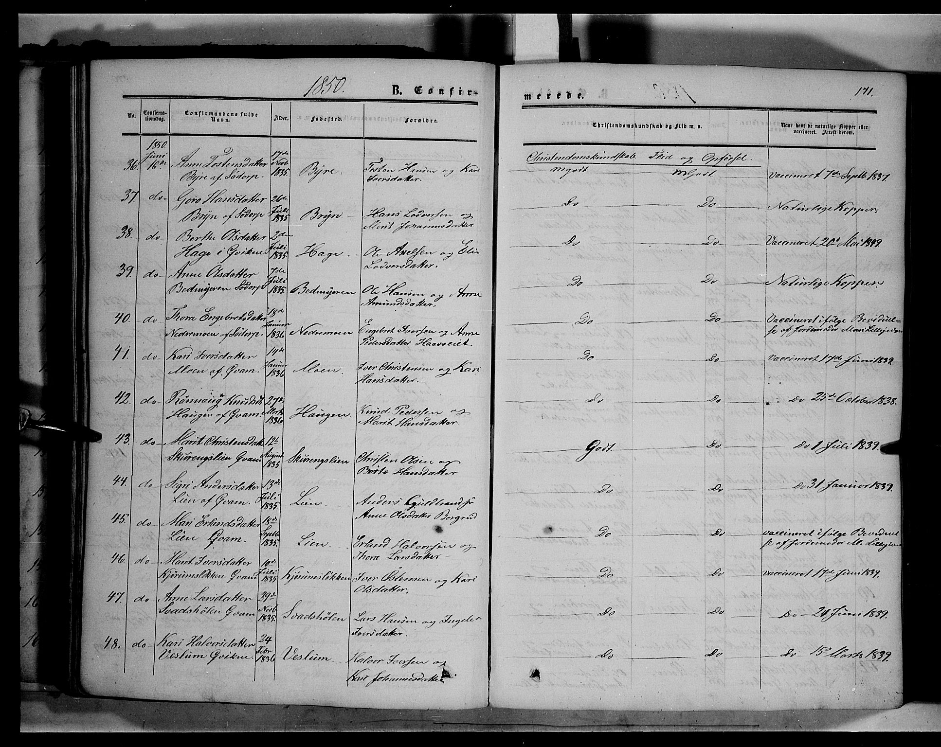 Sør-Fron prestekontor, AV/SAH-PREST-010/H/Ha/Haa/L0001: Parish register (official) no. 1, 1849-1863, p. 171