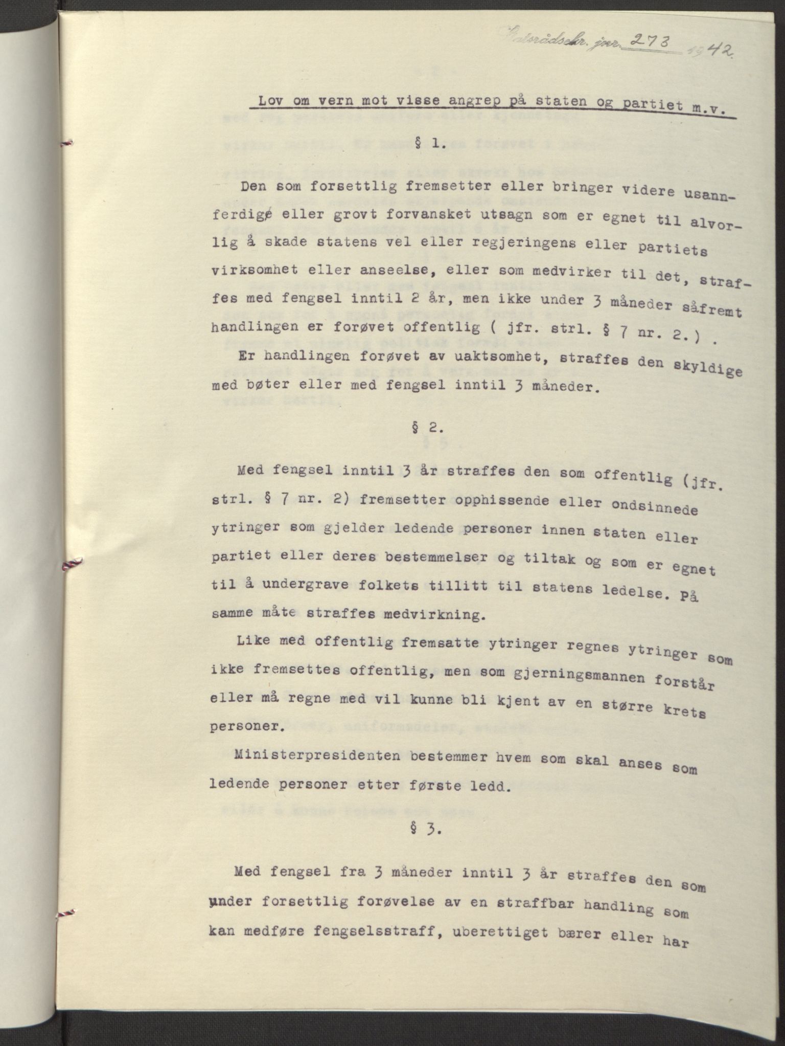 NS-administrasjonen 1940-1945 (Statsrådsekretariatet, de kommisariske statsråder mm), RA/S-4279/D/Db/L0097: Lover I, 1942, p. 166