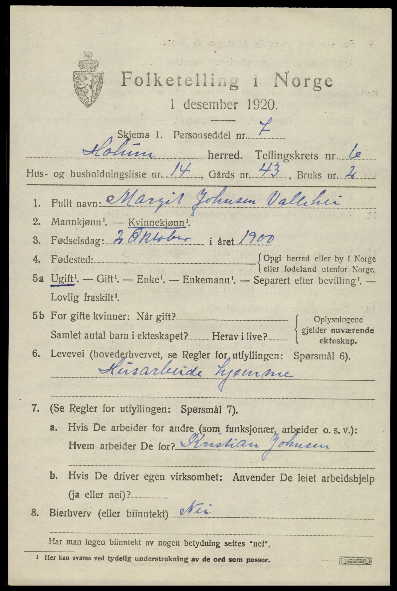 SAK, 1920 census for Holum, 1920, p. 2397