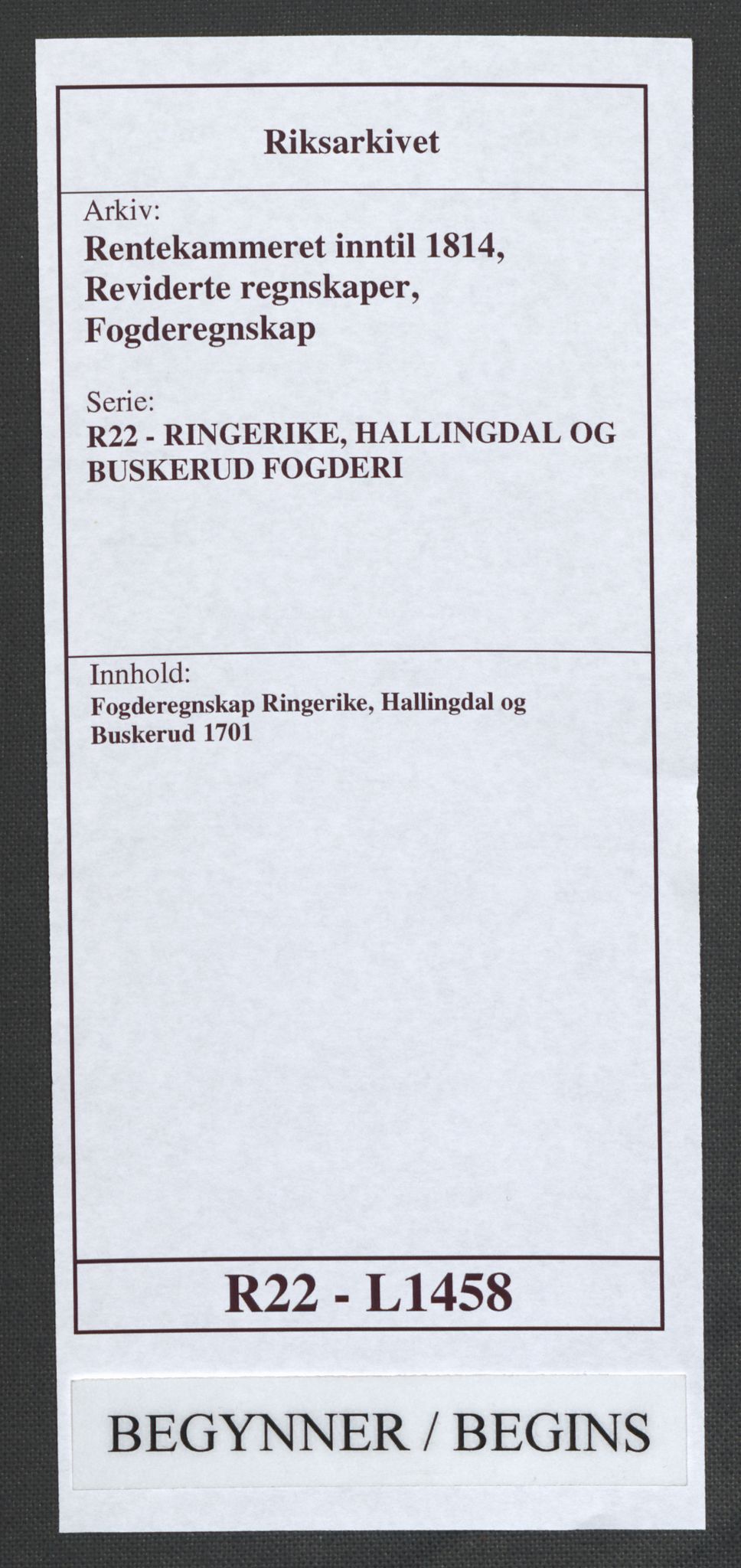 Rentekammeret inntil 1814, Reviderte regnskaper, Fogderegnskap, AV/RA-EA-4092/R22/L1458: Fogderegnskap Ringerike, Hallingdal og Buskerud, 1701, p. 1