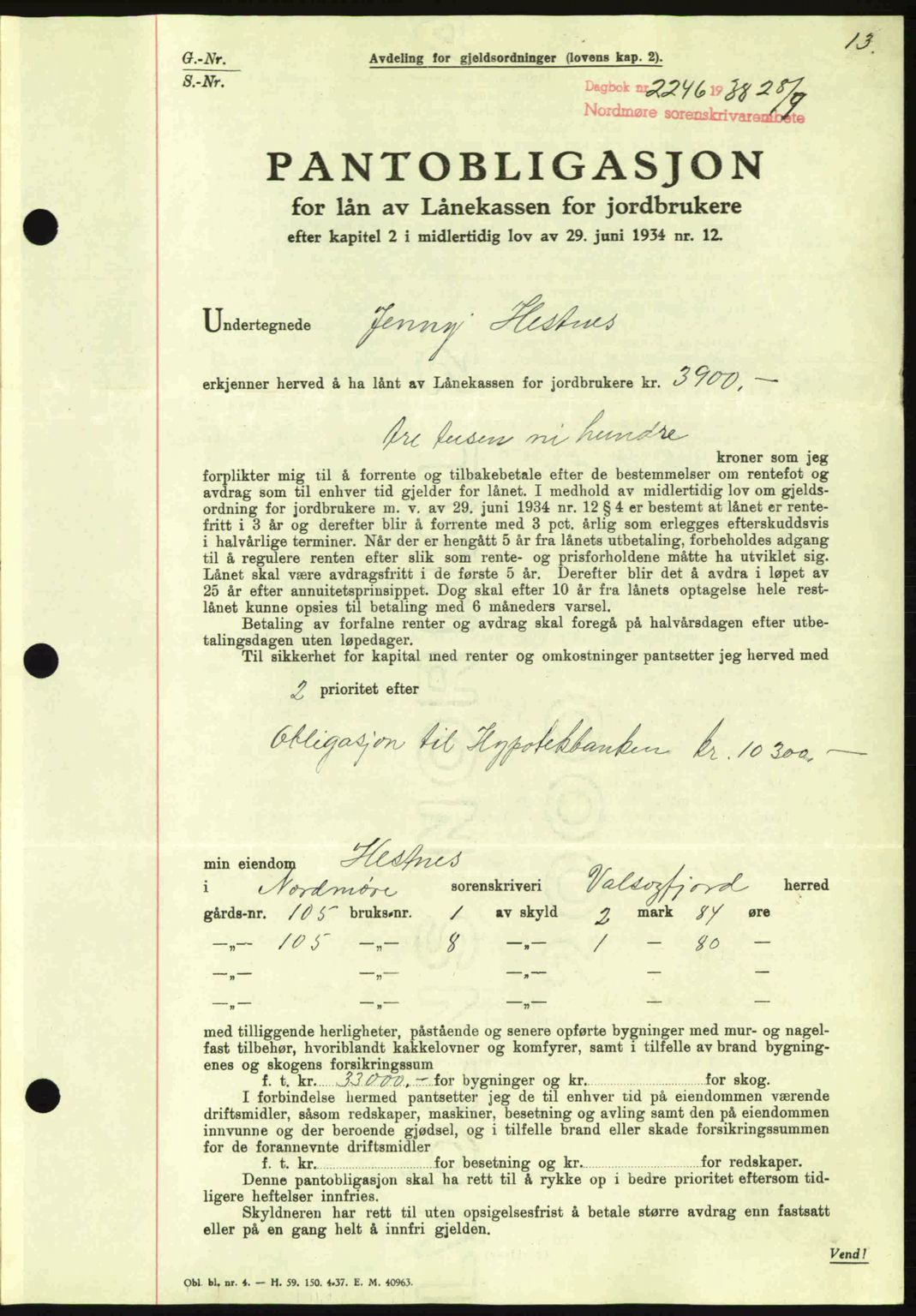 Nordmøre sorenskriveri, SAT/A-4132/1/2/2Ca: Mortgage book no. B84, 1938-1939, Diary no: : 2246/1938