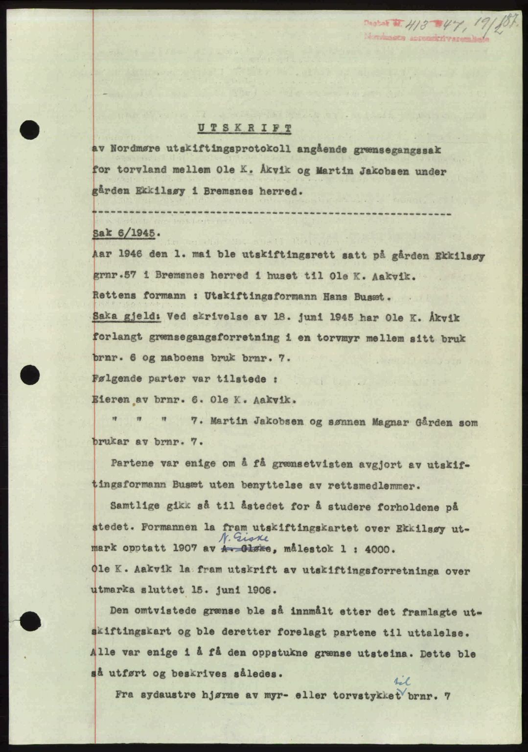 Nordmøre sorenskriveri, AV/SAT-A-4132/1/2/2Ca: Mortgage book no. A104, 1947-1947, Diary no: : 413/1947