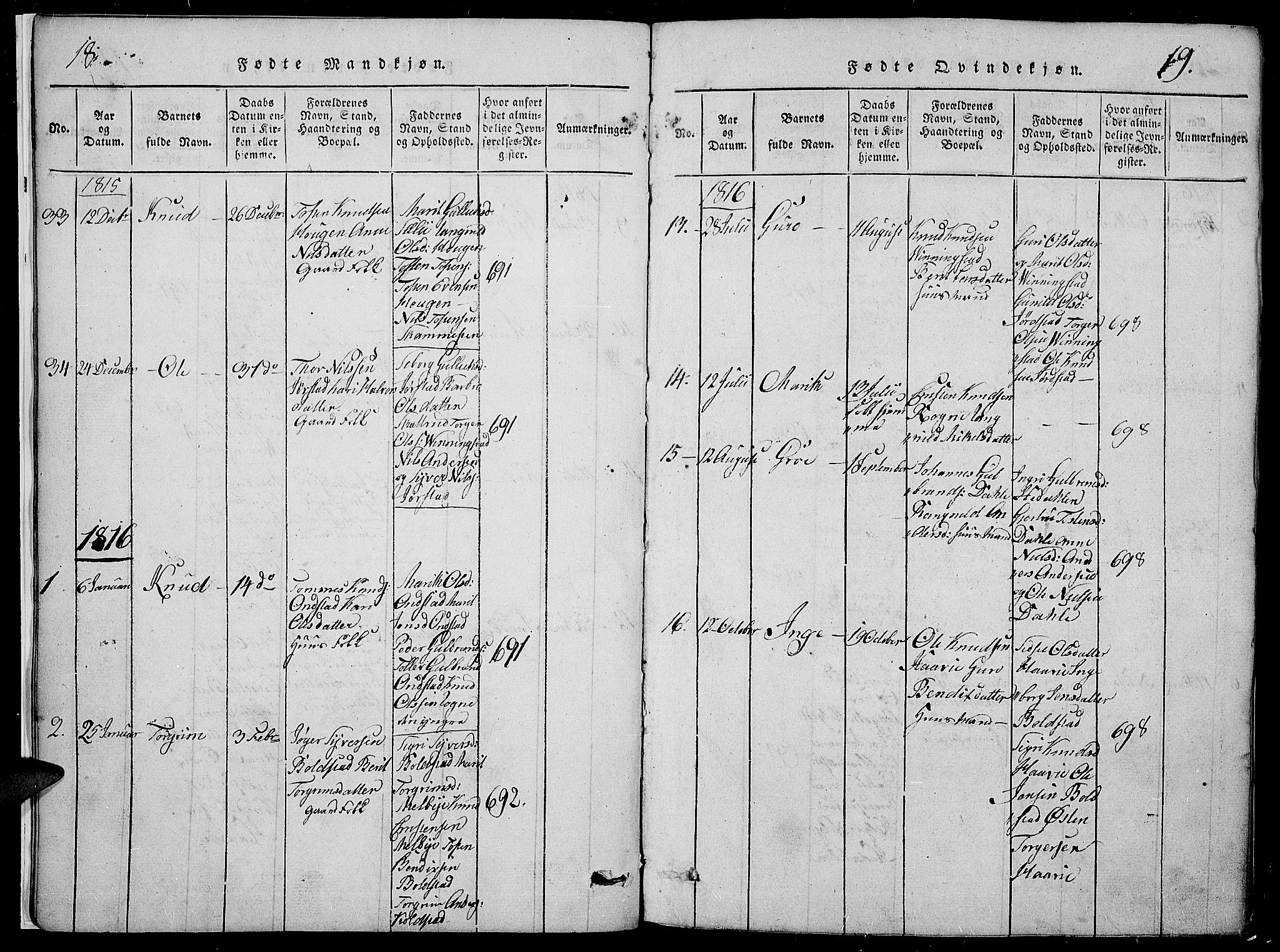 Slidre prestekontor, SAH/PREST-134/H/Ha/Hab/L0002: Parish register (copy) no. 2, 1814-1839, p. 18-19