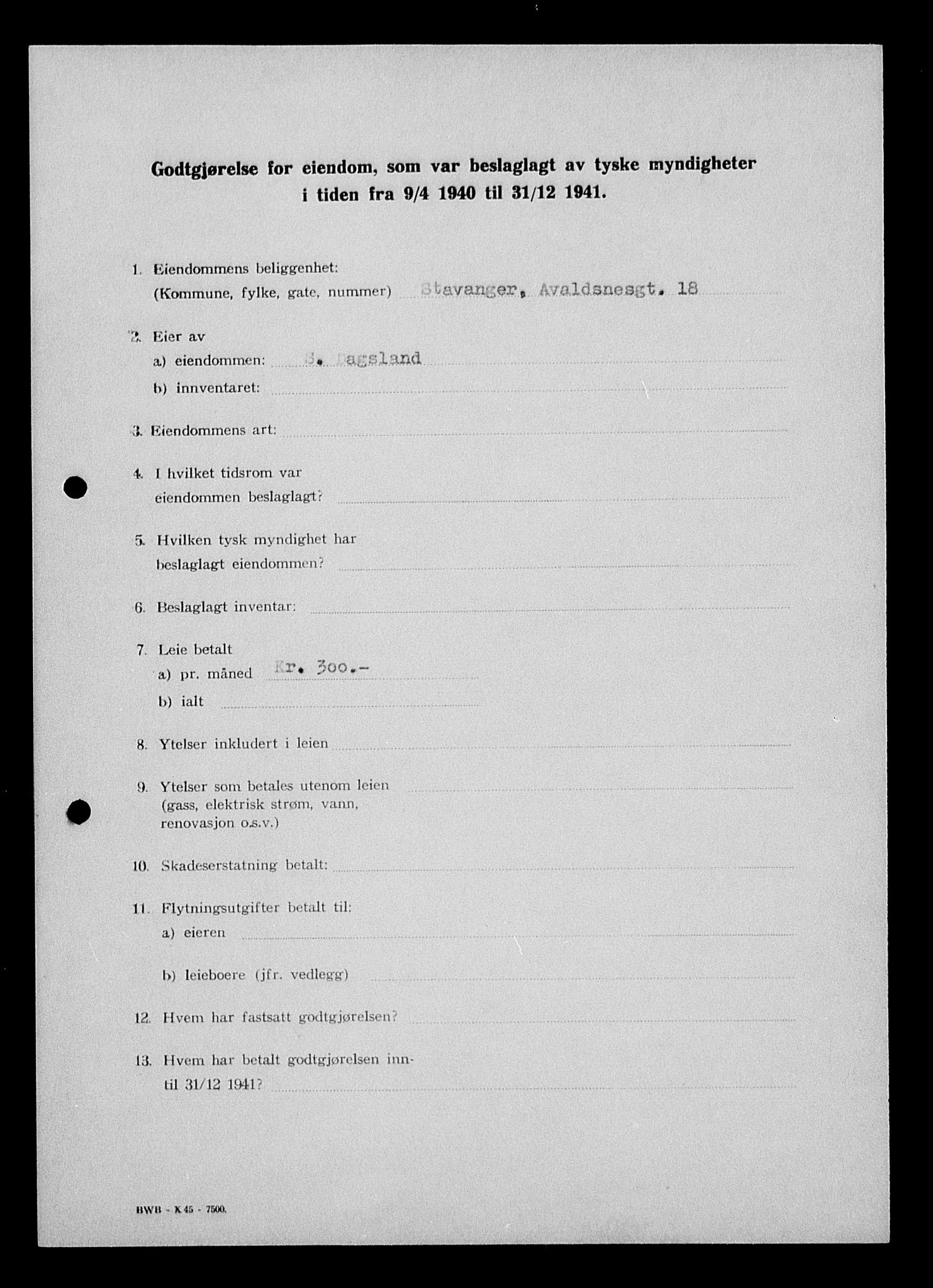 Justisdepartementet, Tilbakeføringskontoret for inndratte formuer, AV/RA-S-1564/I/L1014: Godtgjørelse for beslaglagt eiendom, 1940-1941, p. 22