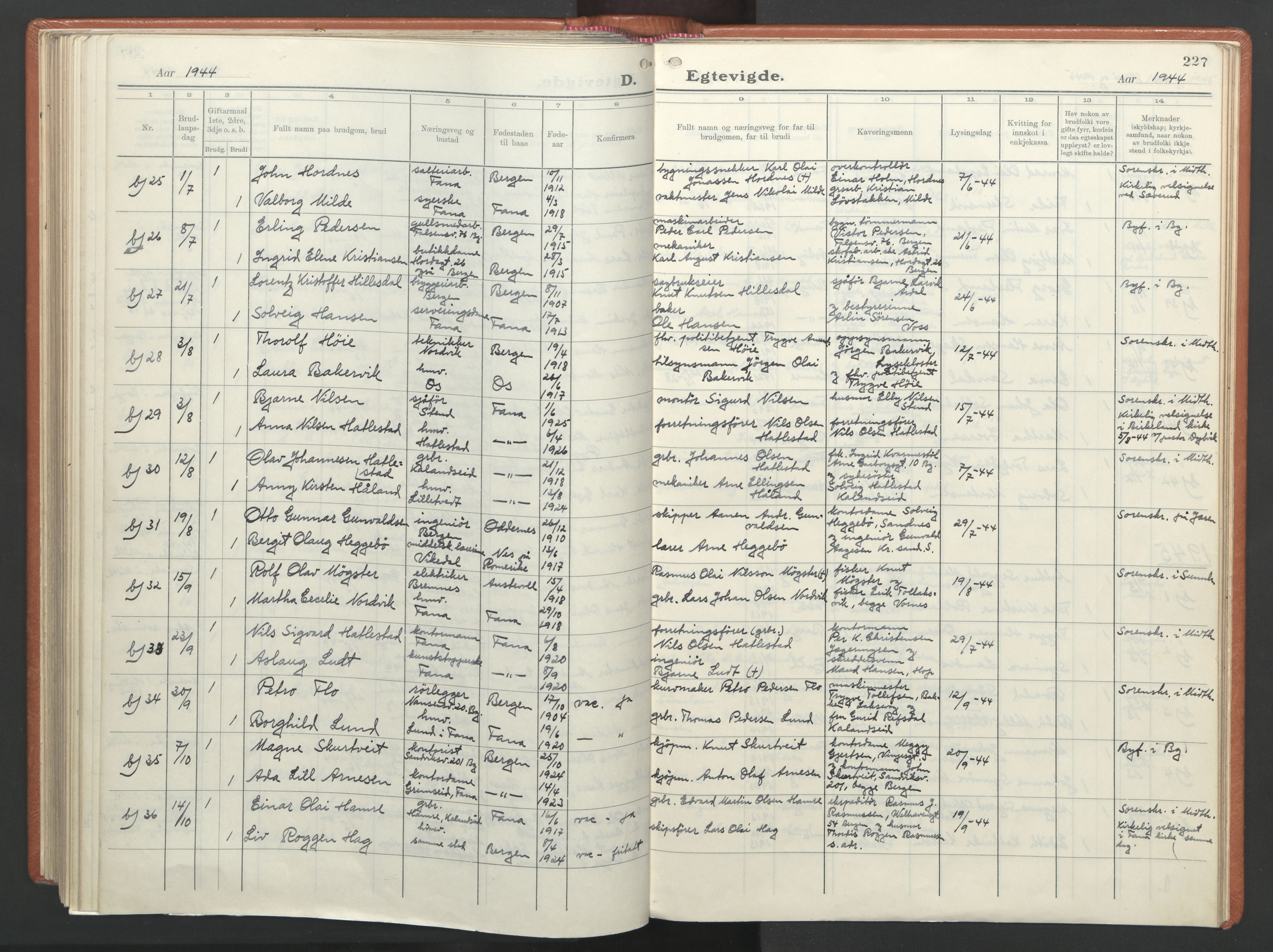 Fana Sokneprestembete, AV/SAB-A-75101/H/Haa/Haab/L0007: Parish register (official) no. B 7, 1934-1947, p. 227