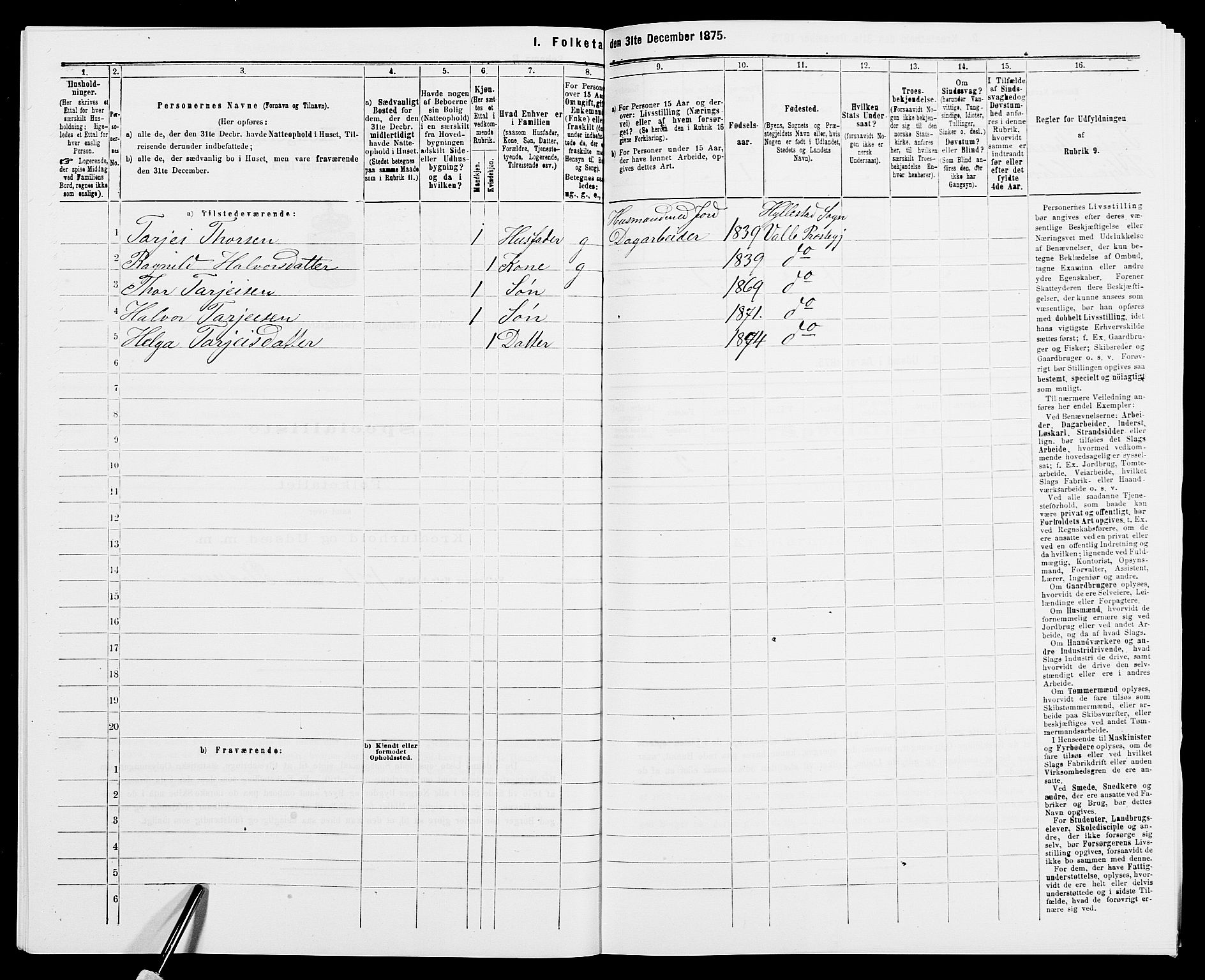 SAK, 1875 census for 0940P Valle, 1875, p. 162