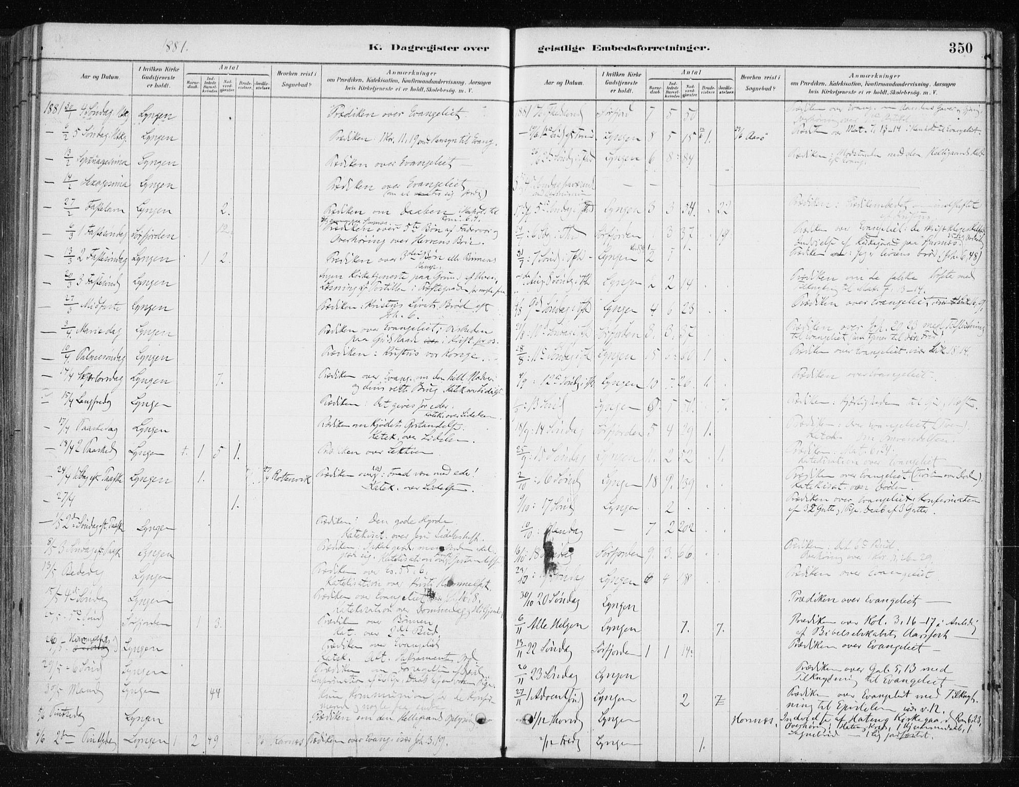 Lyngen sokneprestembete, AV/SATØ-S-1289/H/He/Hea/L0007kirke: Parish register (official) no. 7, 1879-1890, p. 350