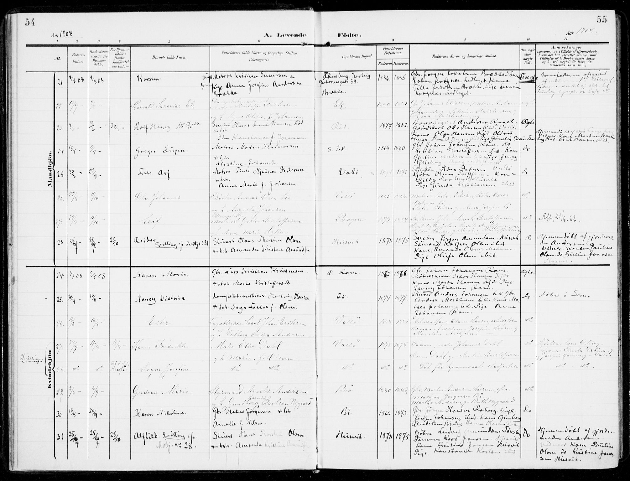 Sem kirkebøker, SAKO/A-5/F/Fb/L0006: Parish register (official) no. II 6, 1905-1918, p. 54-55