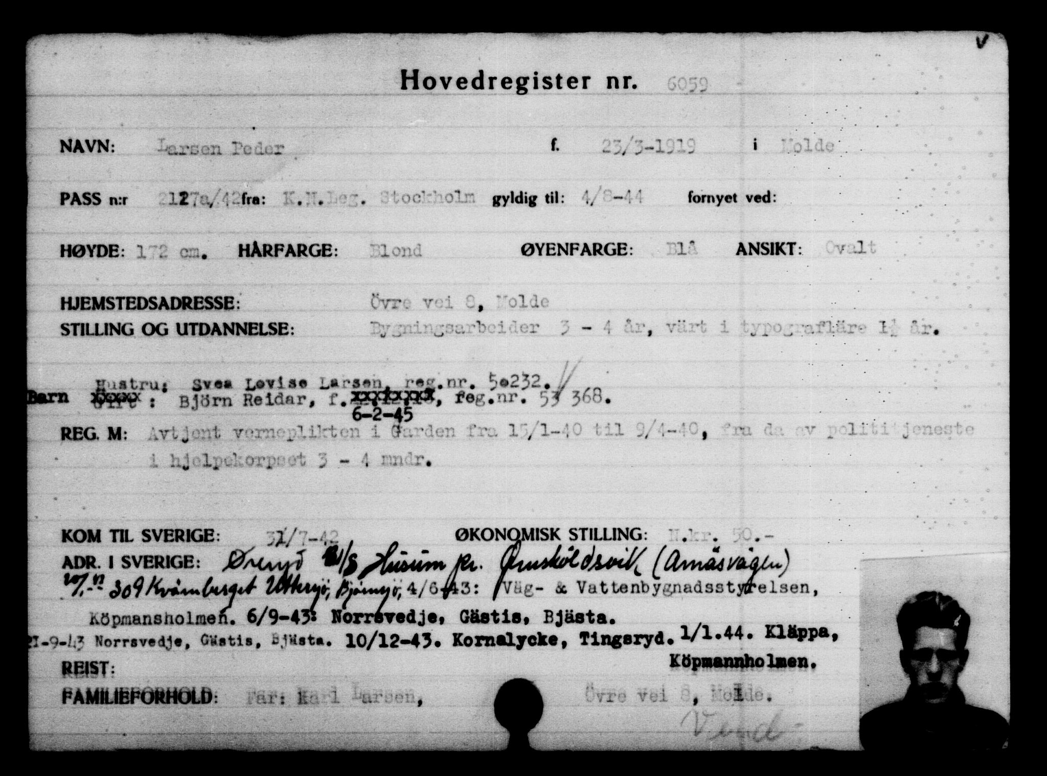 Utenriksstasjonene, Legasjonen i Stockholm, Flyktningkontoret, AV/RA-S-6753/V/Va/L0004: Kjesäterkartoteket, flyktninger med registreringsnr. 3496-6610, 1940-1945, p. 3001