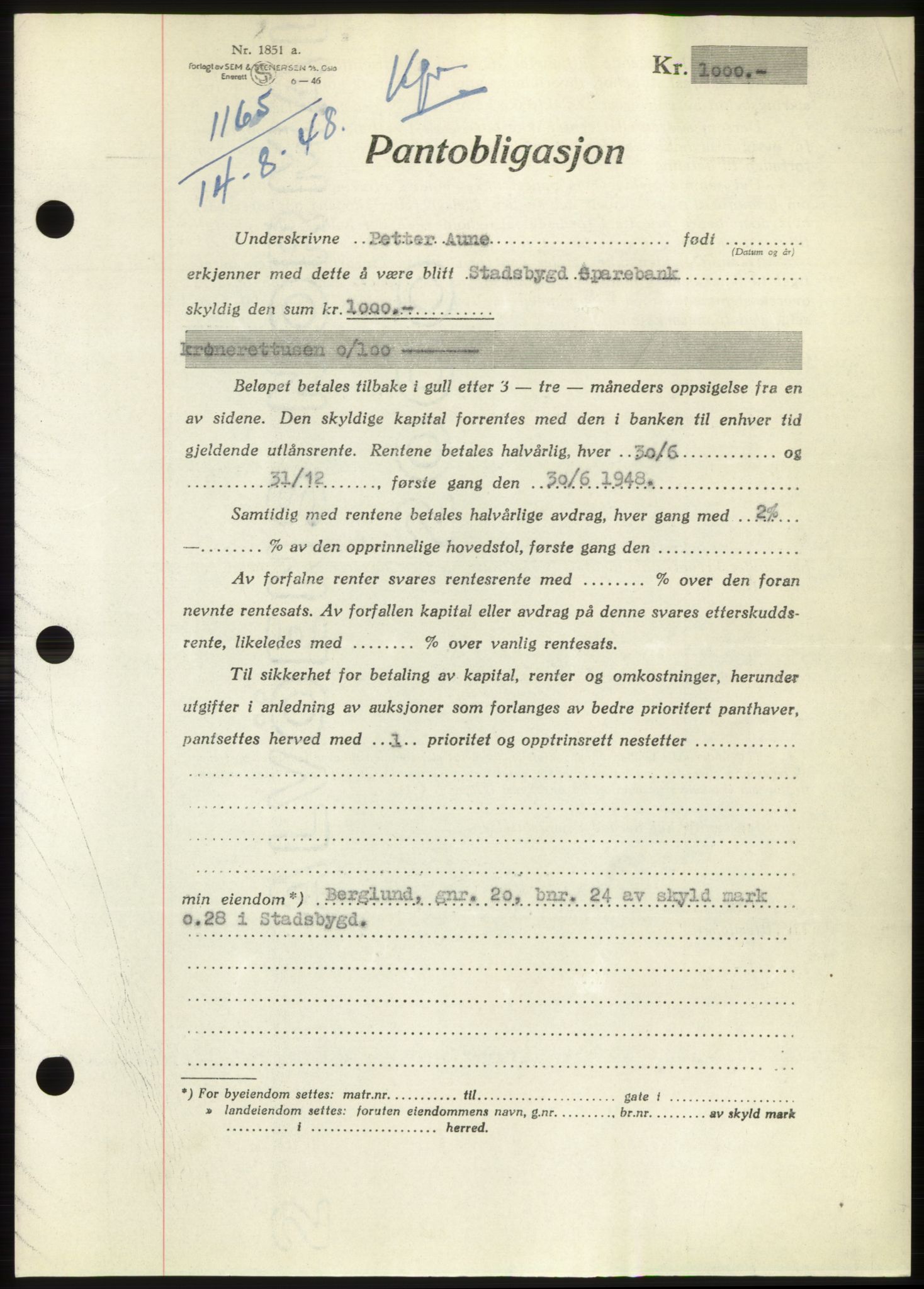 Fosen sorenskriveri, AV/SAT-A-1107/1/2/2C: Mortgage book no. B, 1948-1950, Diary no: : 1165/1948