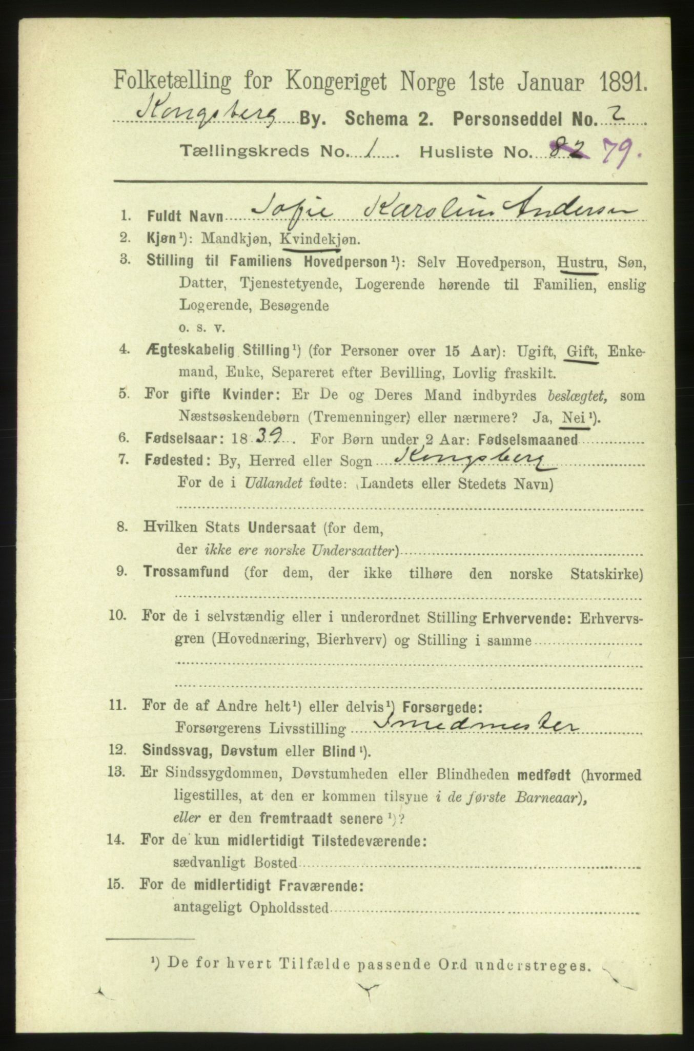 RA, 1891 census for 0604 Kongsberg, 1891, p. 2212