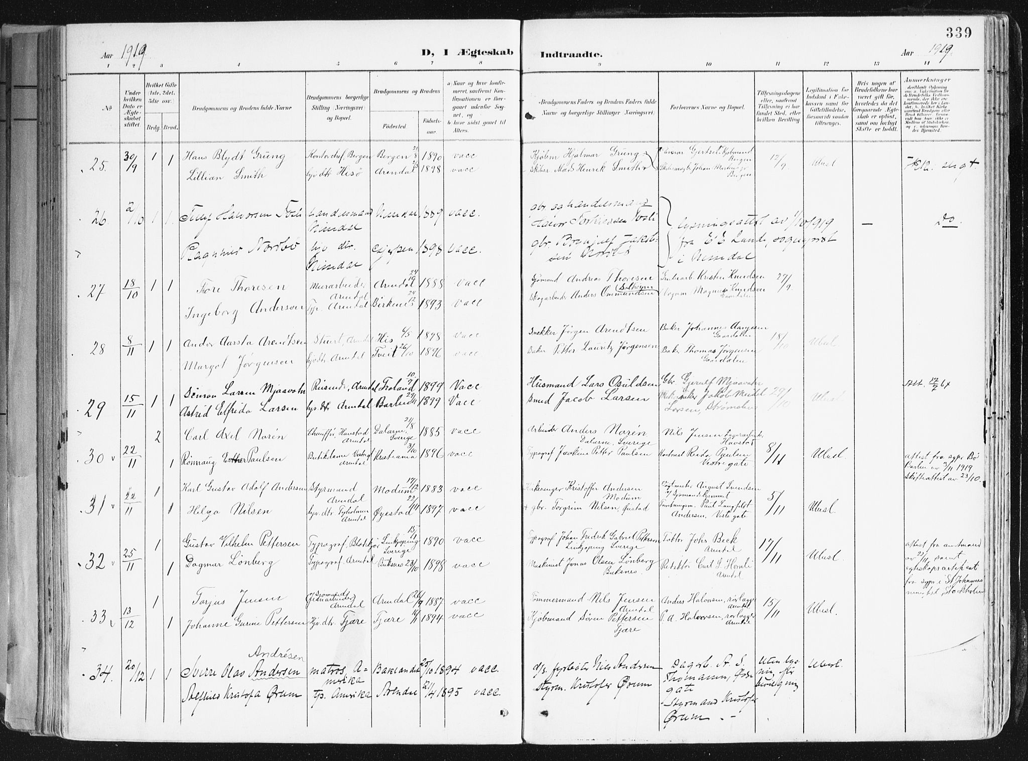 Arendal sokneprestkontor, Trefoldighet, AV/SAK-1111-0040/F/Fa/L0010: Parish register (official) no. A 10, 1900-1919, p. 339