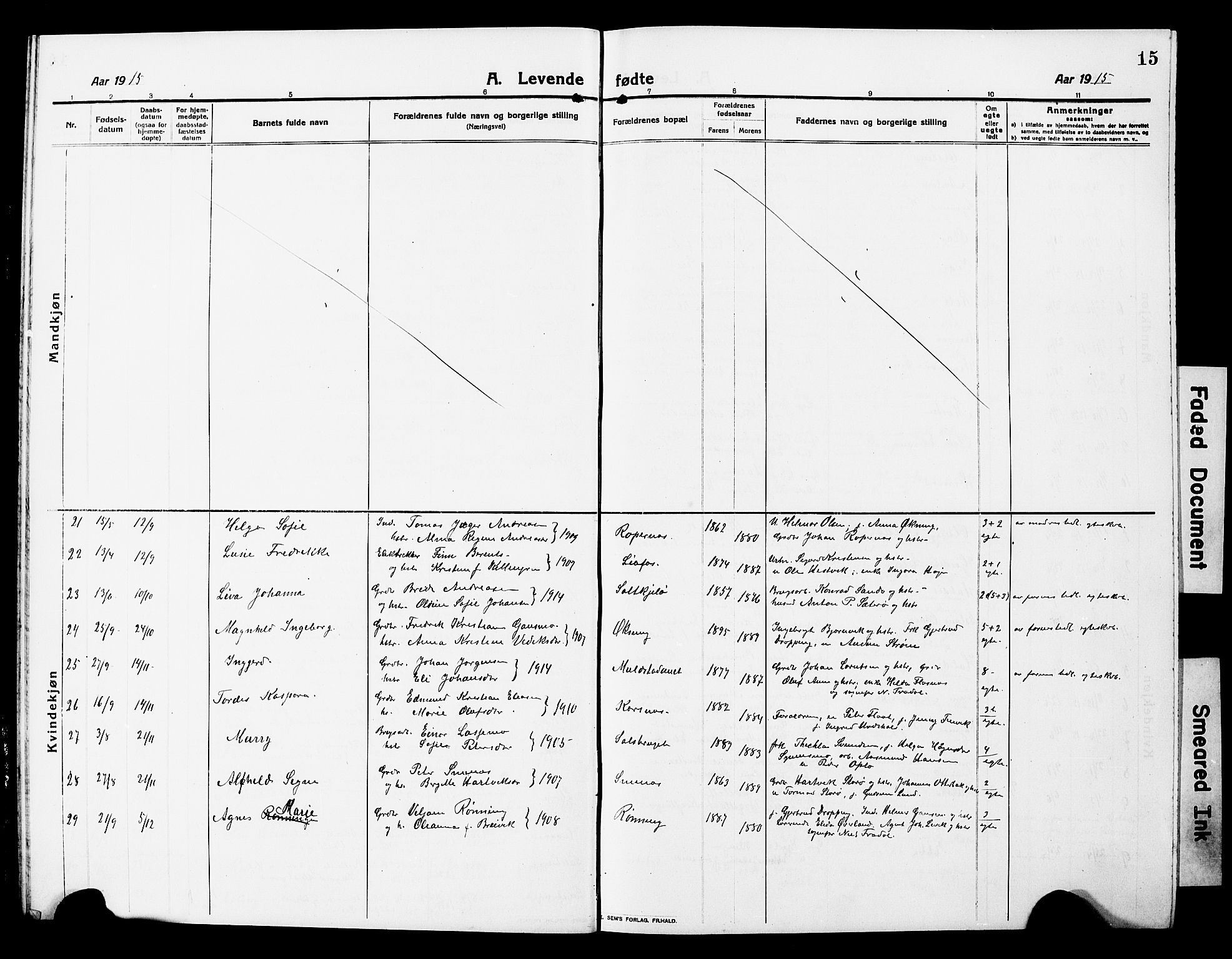 Ministerialprotokoller, klokkerbøker og fødselsregistre - Nord-Trøndelag, SAT/A-1458/780/L0653: Parish register (copy) no. 780C05, 1911-1927, p. 15