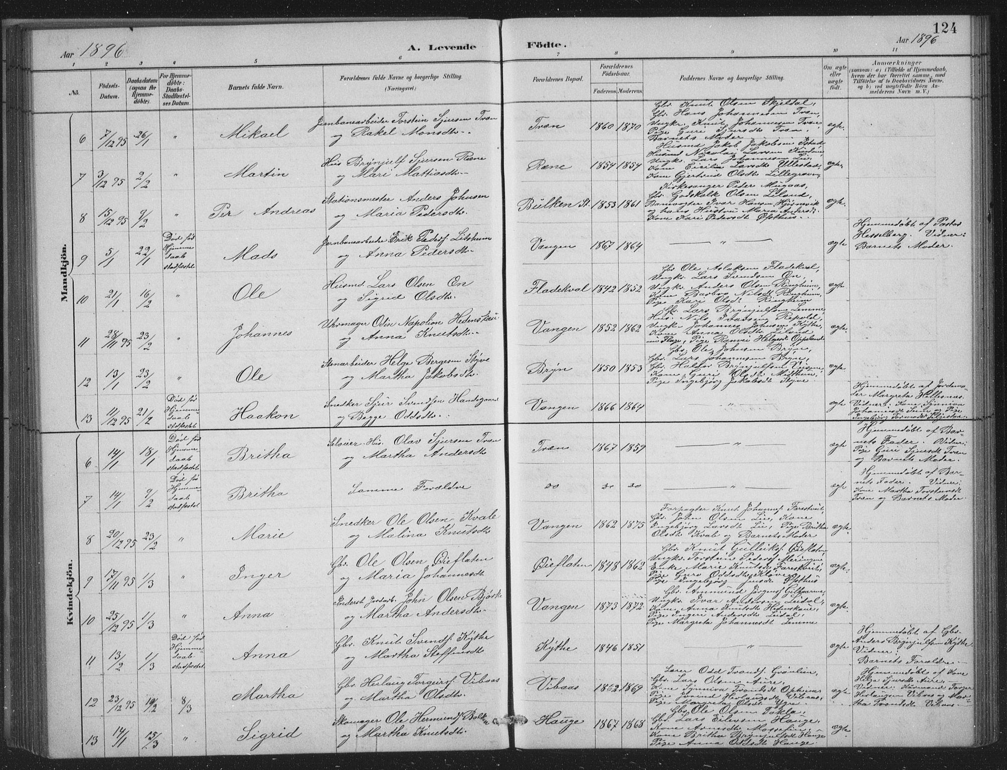 Voss sokneprestembete, SAB/A-79001/H/Hab: Parish register (copy) no. C 1, 1886-1899, p. 124