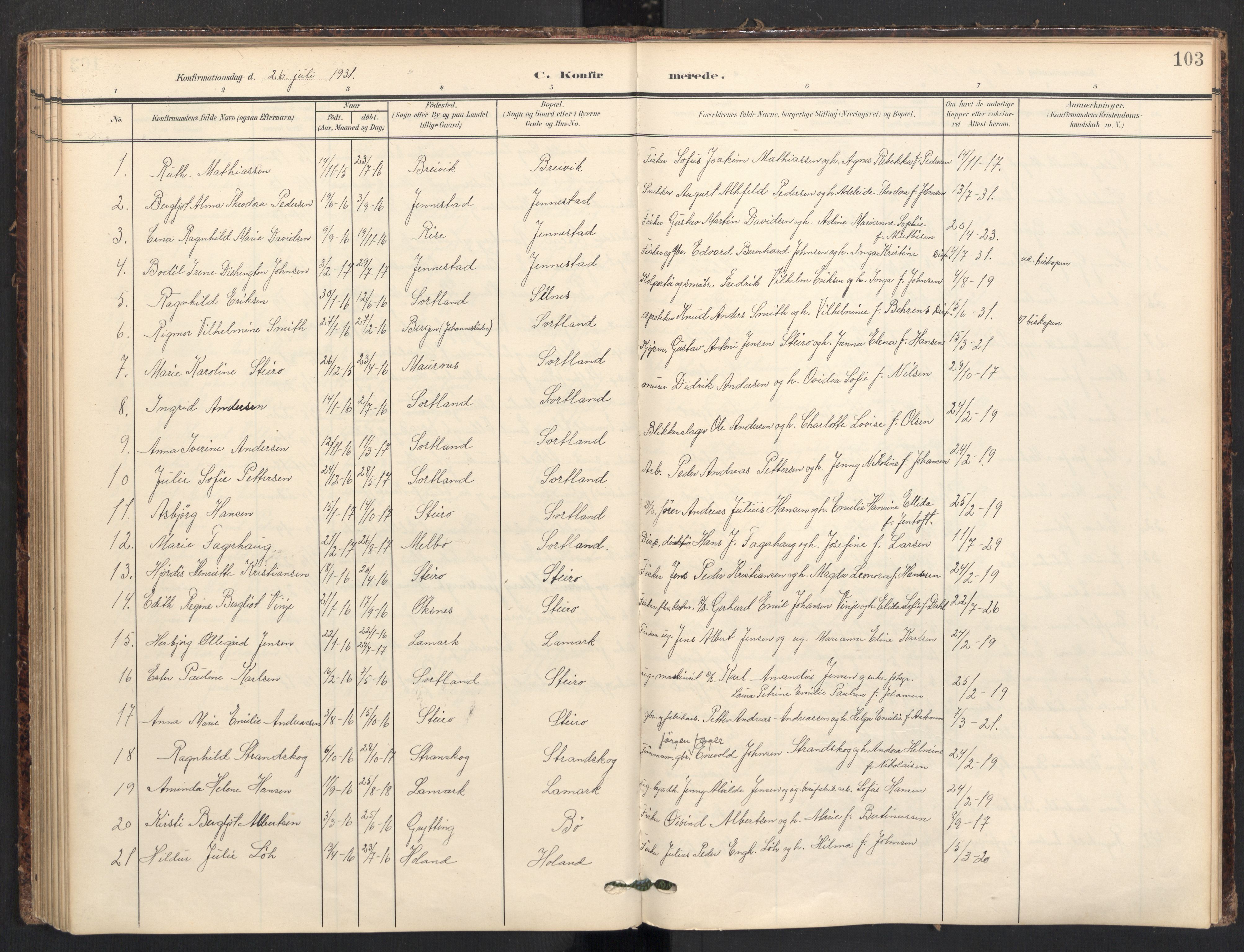 Ministerialprotokoller, klokkerbøker og fødselsregistre - Nordland, SAT/A-1459/895/L1375: Parish register (official) no. 895A10, 1907-1938, p. 103