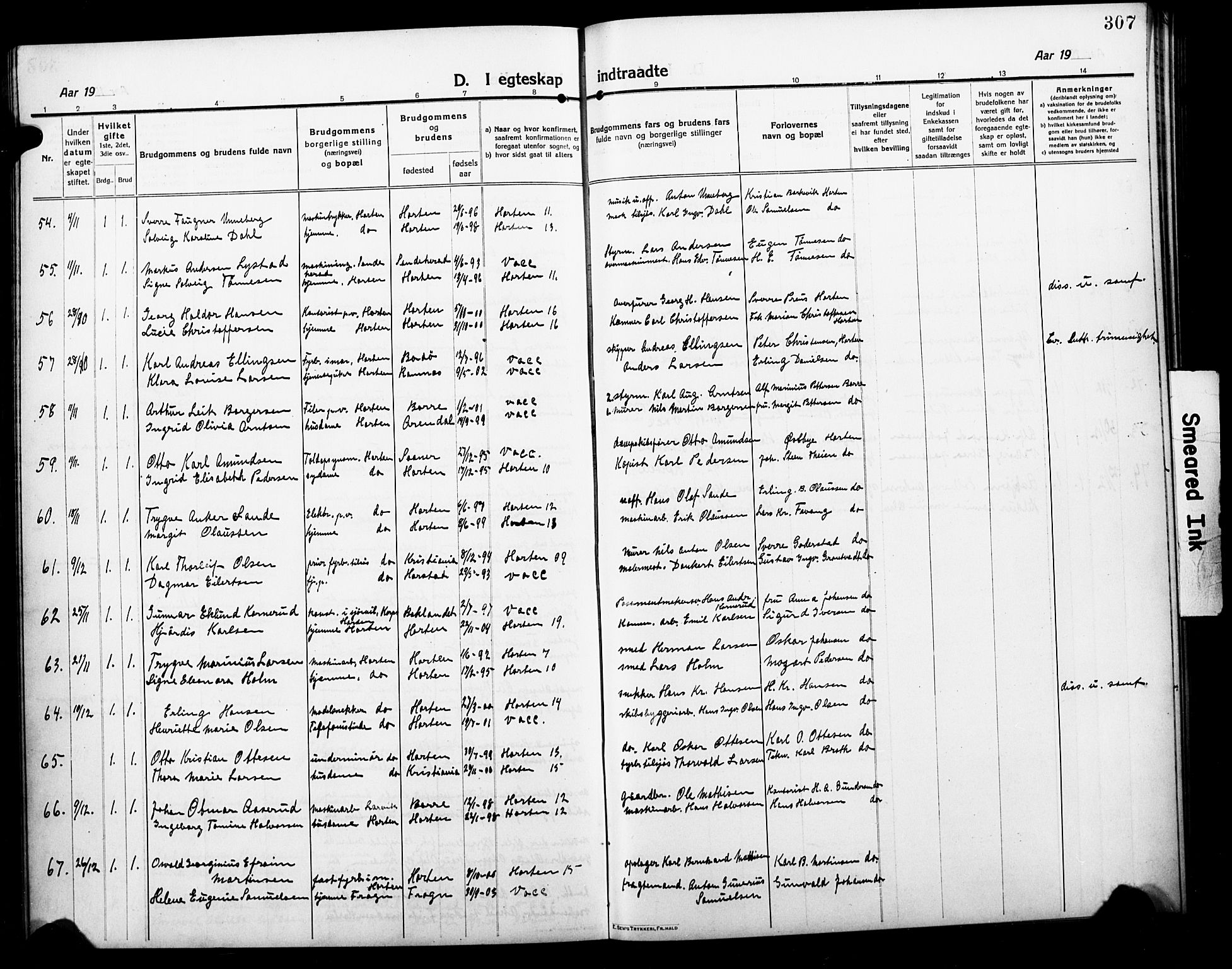 Horten kirkebøker, SAKO/A-348/G/Ga/L0008: Parish register (copy) no. 8, 1916-1926, p. 307