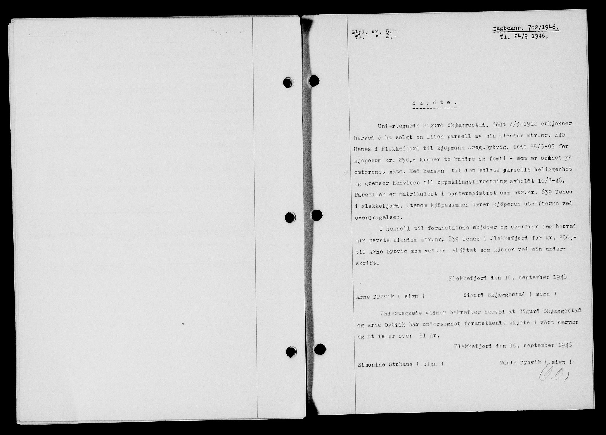 Flekkefjord sorenskriveri, SAK/1221-0001/G/Gb/Gba/L0060: Mortgage book no. A-8, 1945-1946, Diary no: : 702/1946