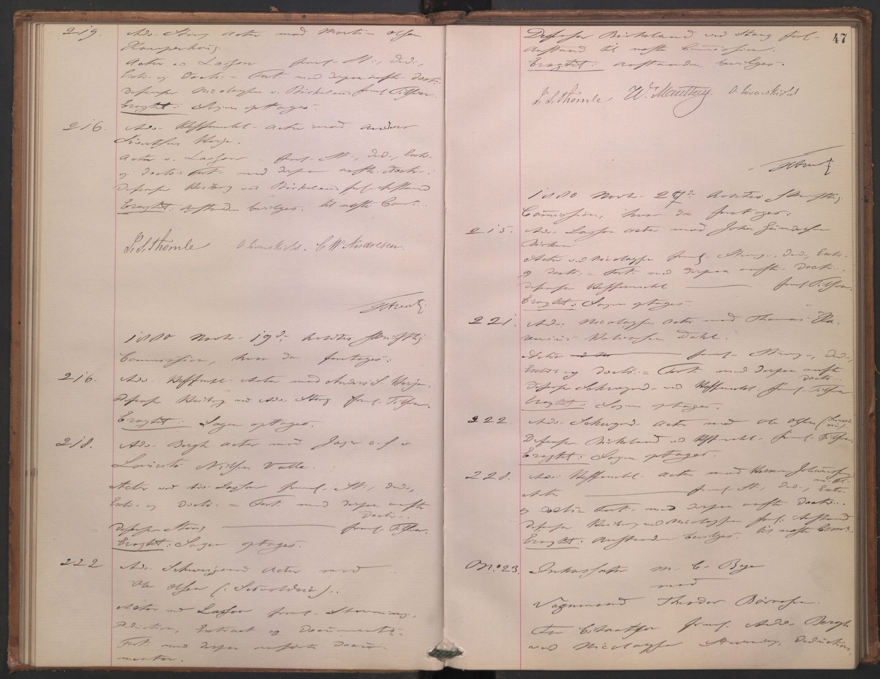 Høyesterett, AV/RA-S-1002/E/Ef/L0014: Protokoll over saker som gikk til skriftlig behandling, 1879-1884, p. 46b-47a