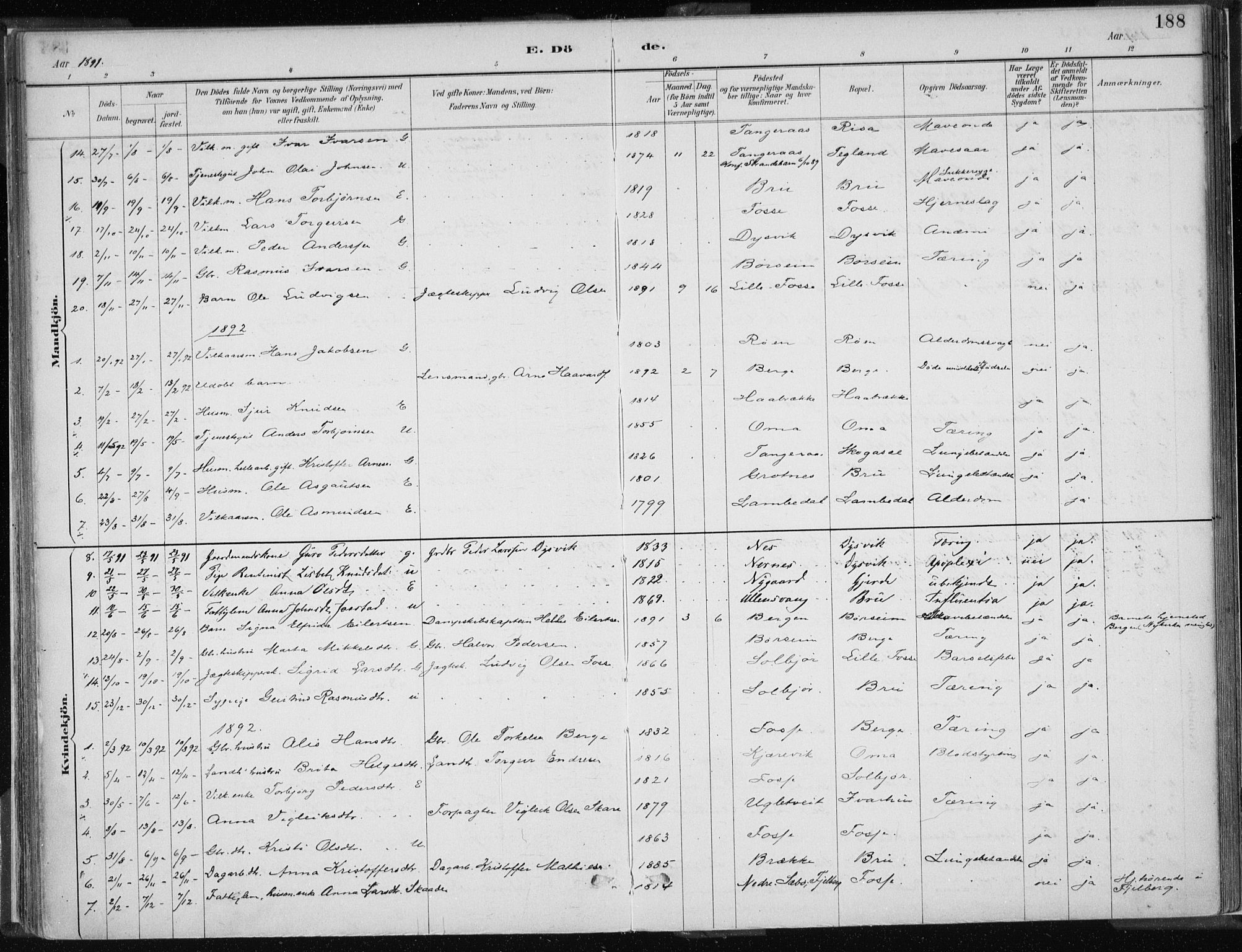 Strandebarm sokneprestembete, AV/SAB-A-78401/H/Haa: Parish register (official) no. B  1, 1886-1908, p. 188