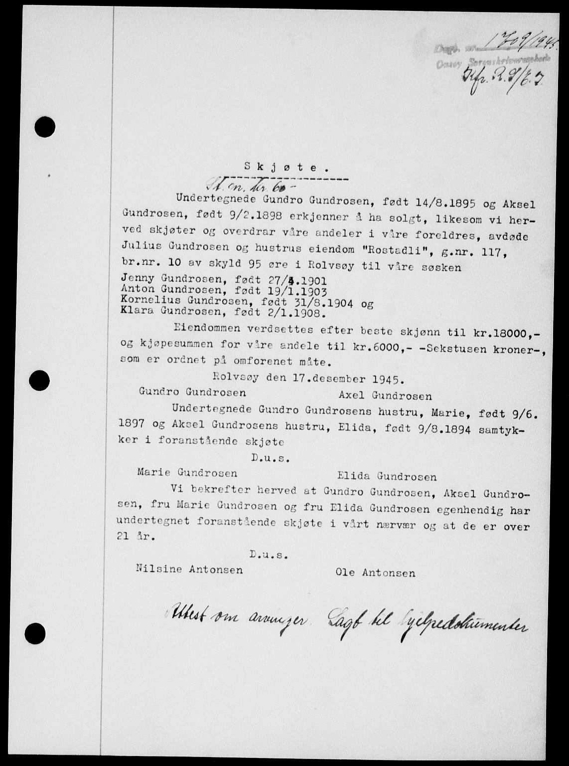 Onsøy sorenskriveri, SAO/A-10474/G/Ga/Gab/L0015: Mortgage book no. II A-15, 1945-1946, Diary no: : 1709/1945