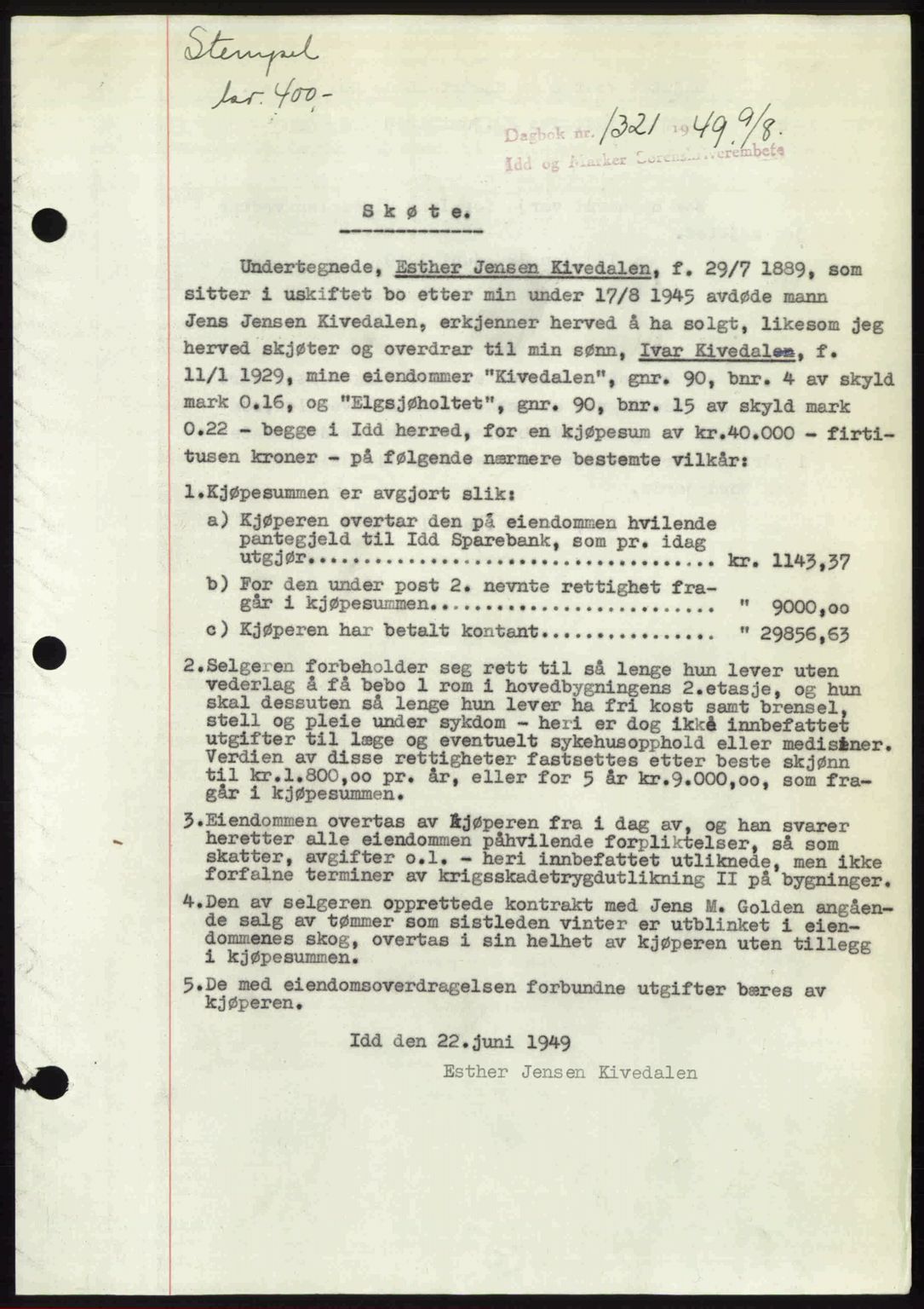 Idd og Marker sorenskriveri, AV/SAO-A-10283/G/Gb/Gbb/L0012: Mortgage book no. A12, 1949-1949, Diary no: : 1321/1949