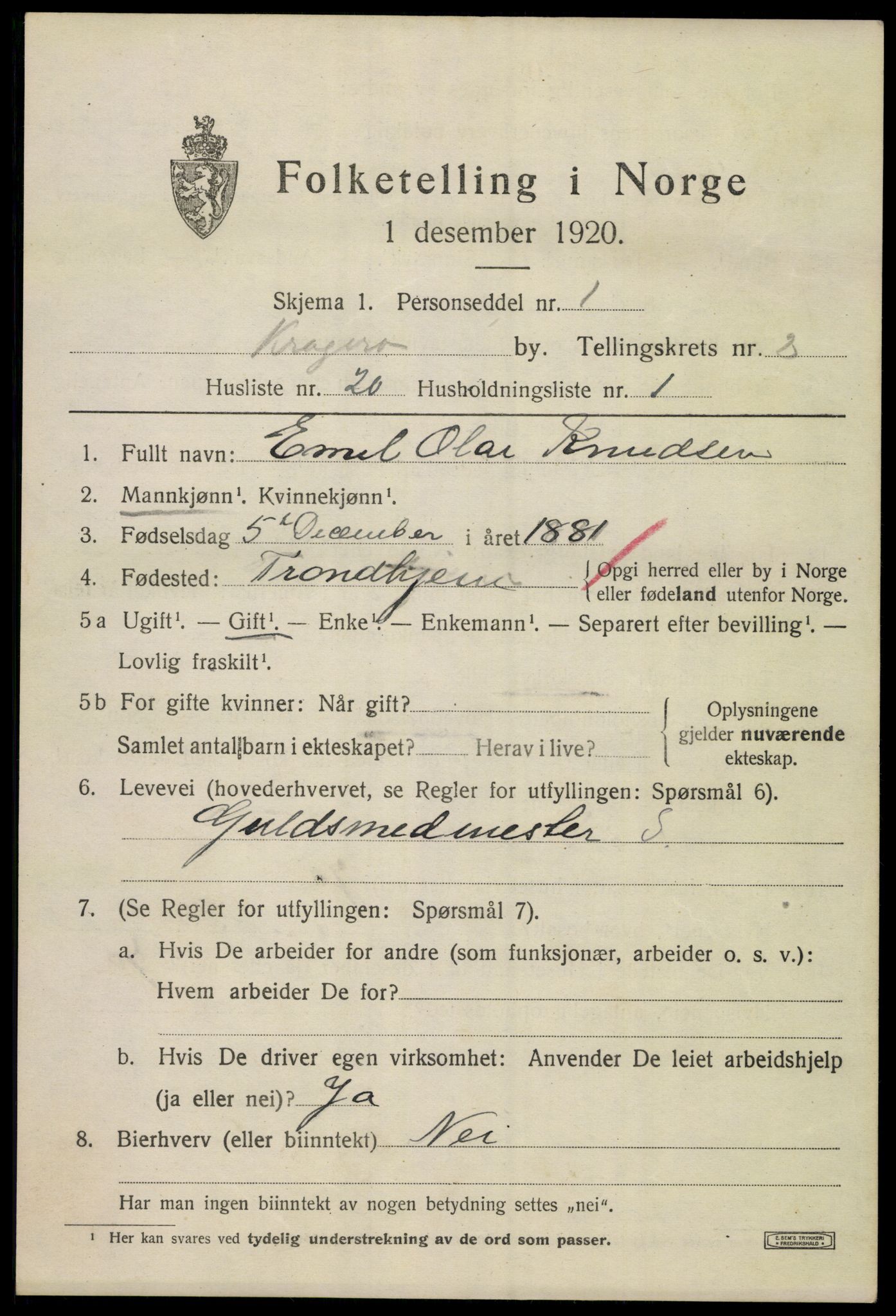 SAKO, 1920 census for Kragerø, 1920, p. 5587