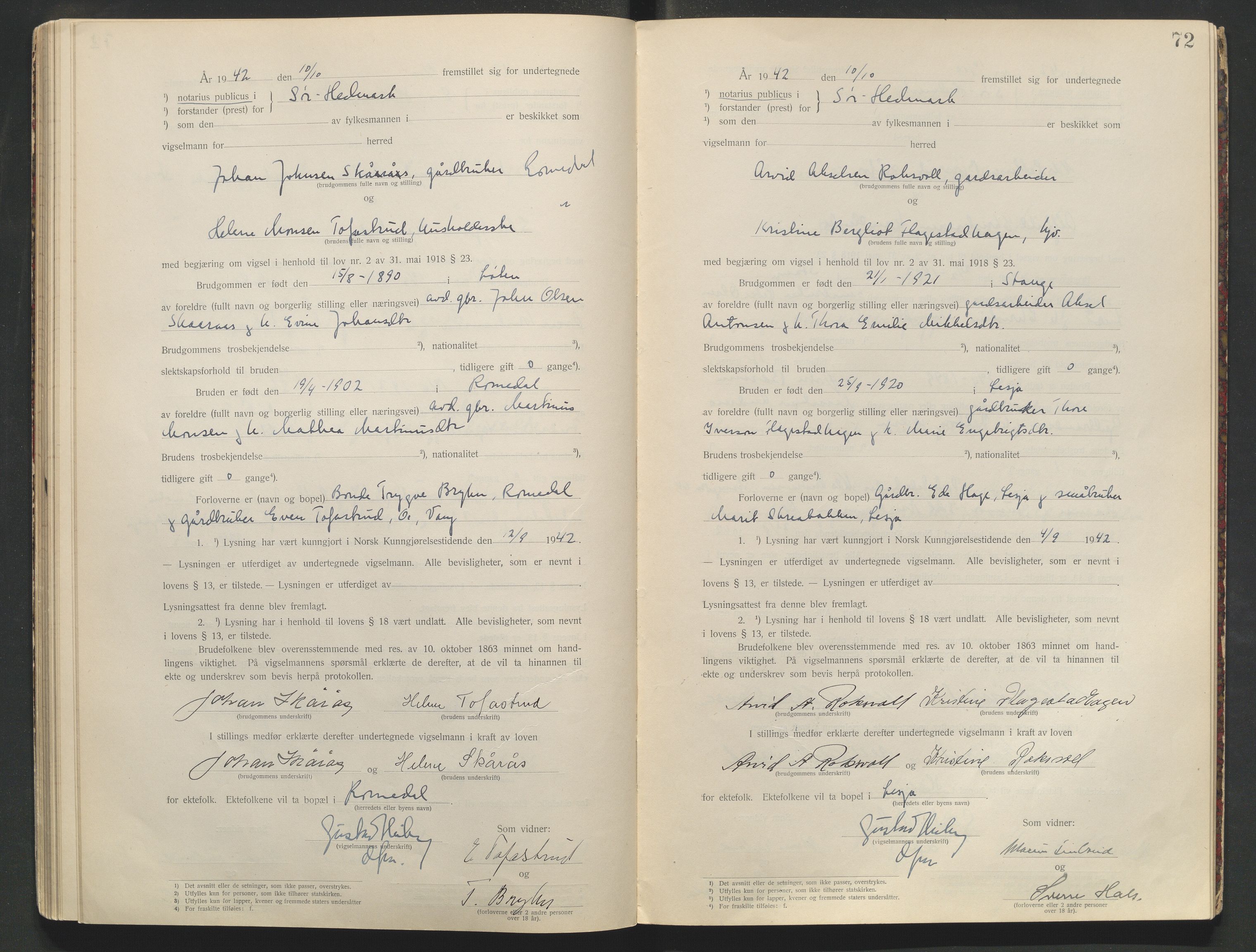 Sør-Hedmark sorenskriveri, AV/SAH-TING-014/L/Le/L0001/0002: Vigselbøker / Vigselbok, 1938-1942, p. 72