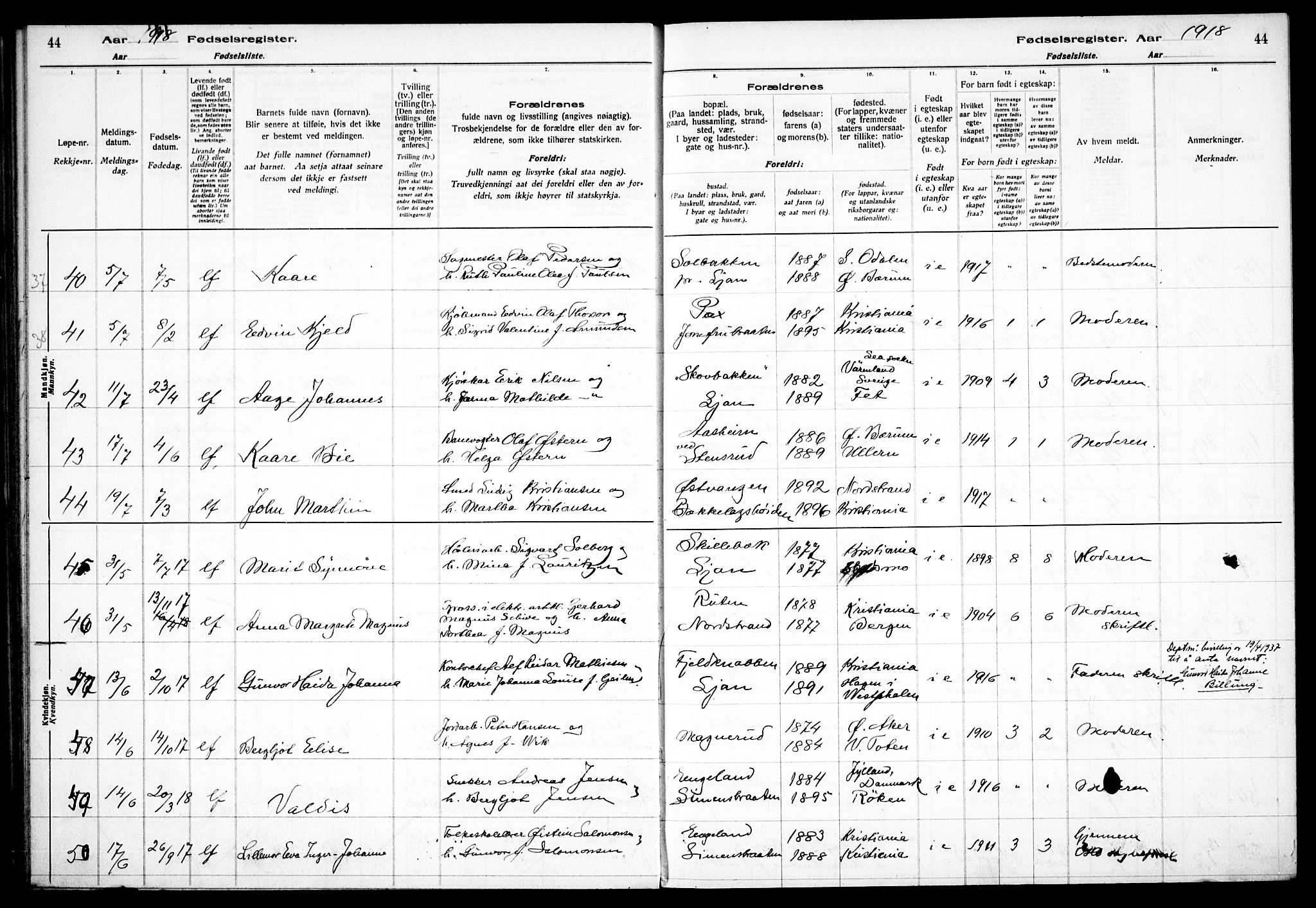 Nordstrand prestekontor Kirkebøker, AV/SAO-A-10362a/J/Ja/L0001: Birth register no. I 1, 1916-1924, p. 44