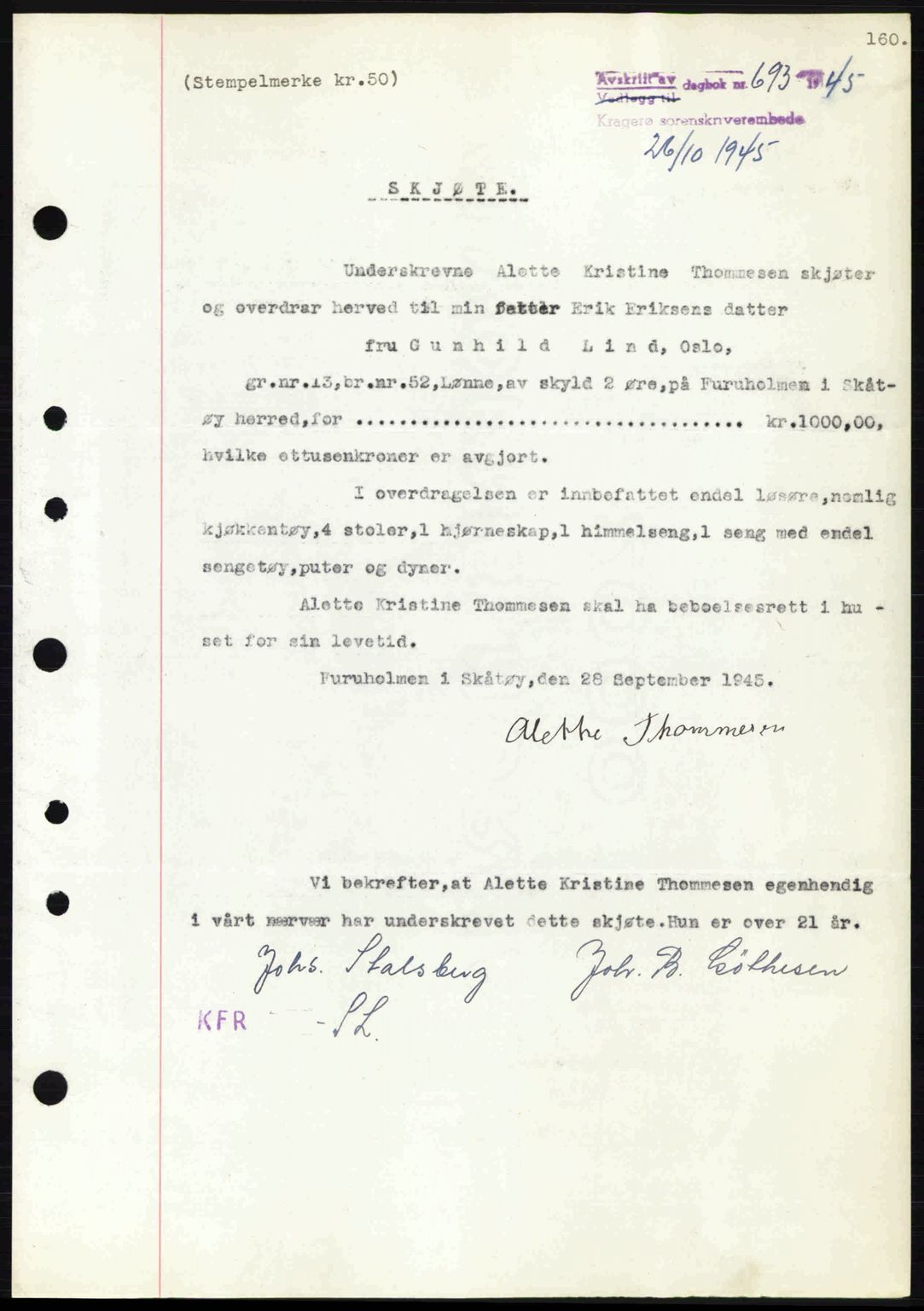 Kragerø sorenskriveri, AV/SAKO-A-65/G/Ga/Gab/L0058a: Mortgage book no. 58a, 1945-1945, Diary no: : 693/1945