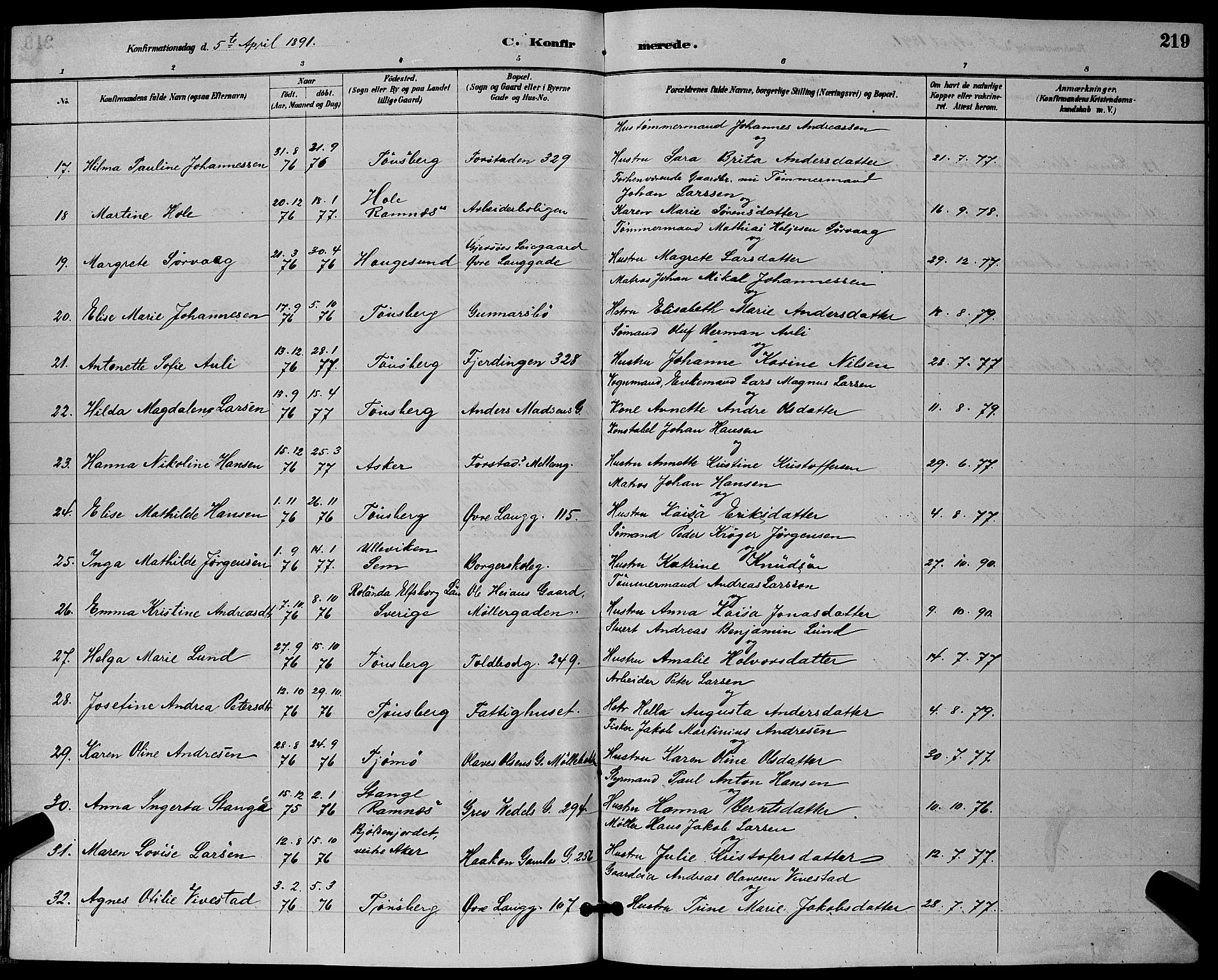 Tønsberg kirkebøker, AV/SAKO-A-330/G/Ga/L0006: Parish register (copy) no. 6, 1885-1895, p. 219