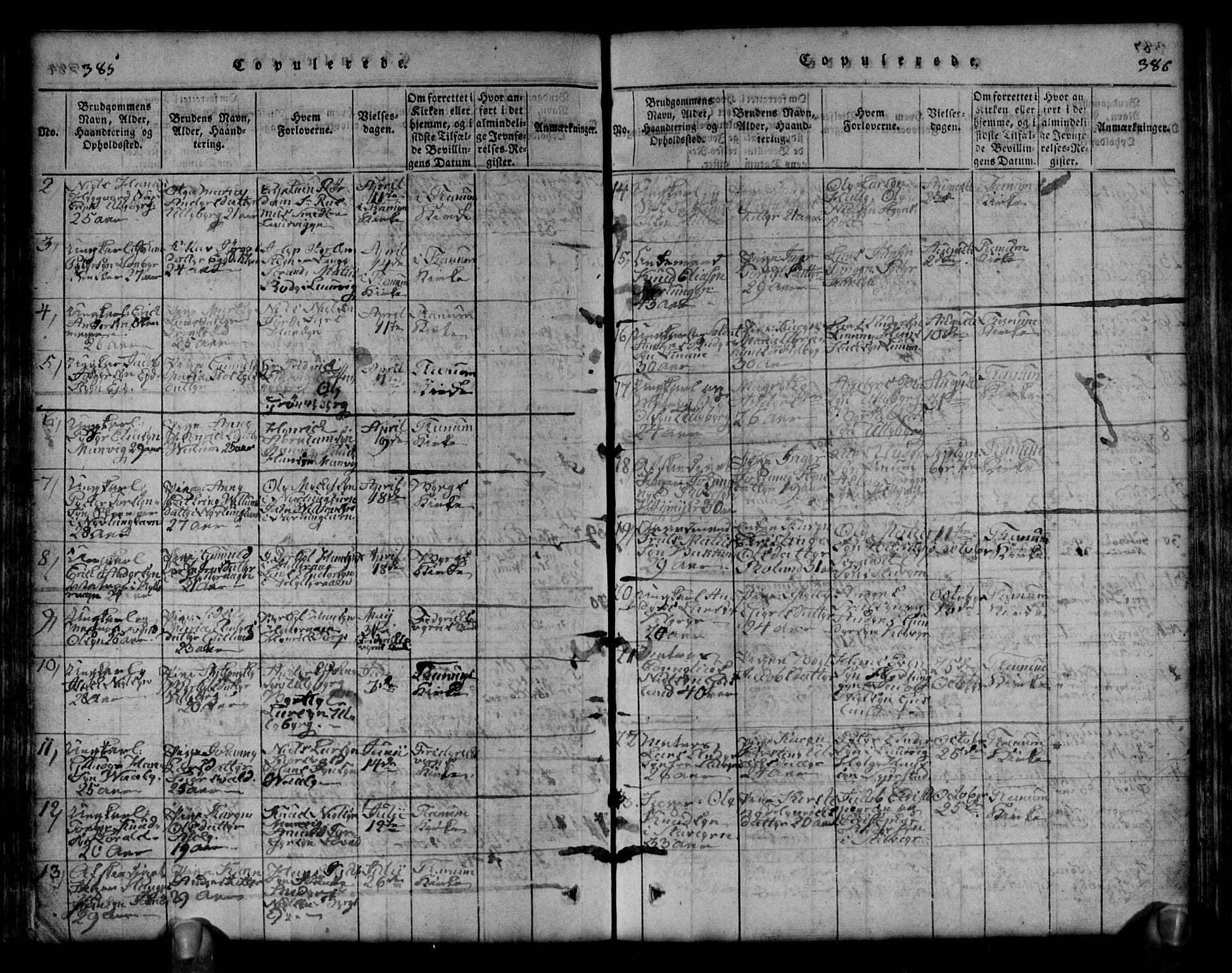 Brunlanes kirkebøker, SAKO/A-342/G/Ga/L0001: Parish register (copy) no. I 1, 1814-1834, p. 385-386