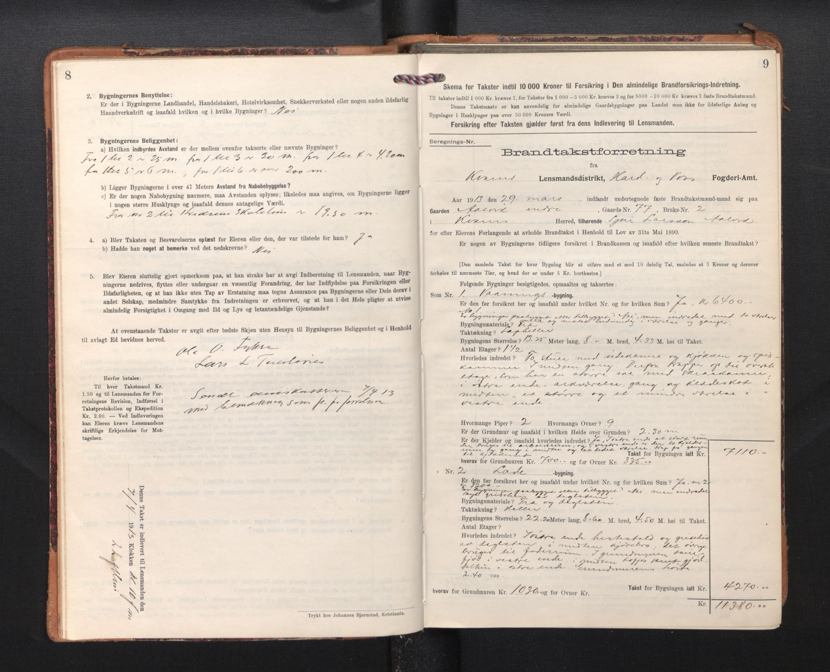 Lensmannen i Kvam, SAB/A-33201/0012/L0006: Branntakstprotokoll, skjematakst, 1913-1955, p. 8-9