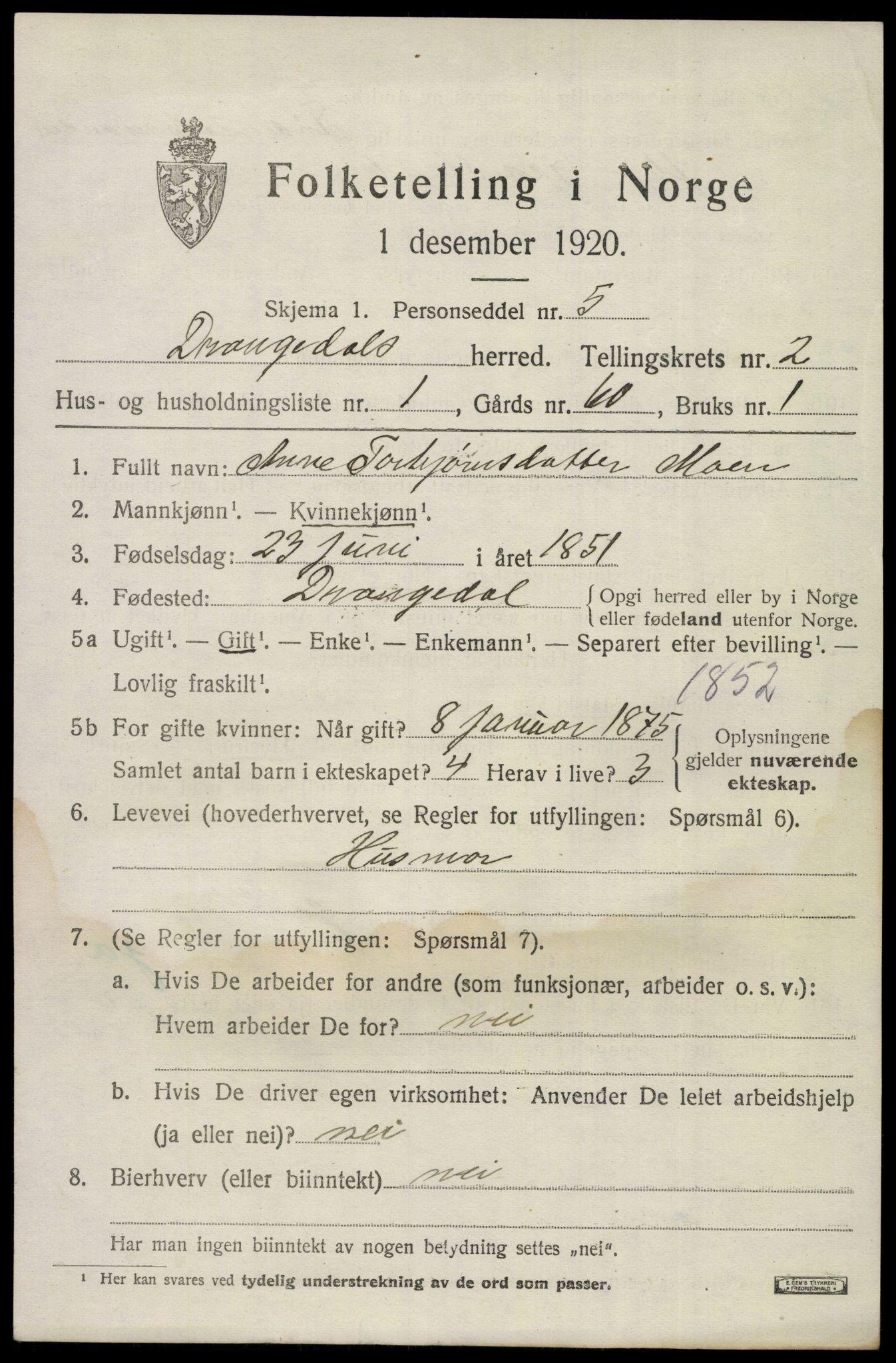 SAKO, 1920 census for Drangedal, 1920, p. 2077