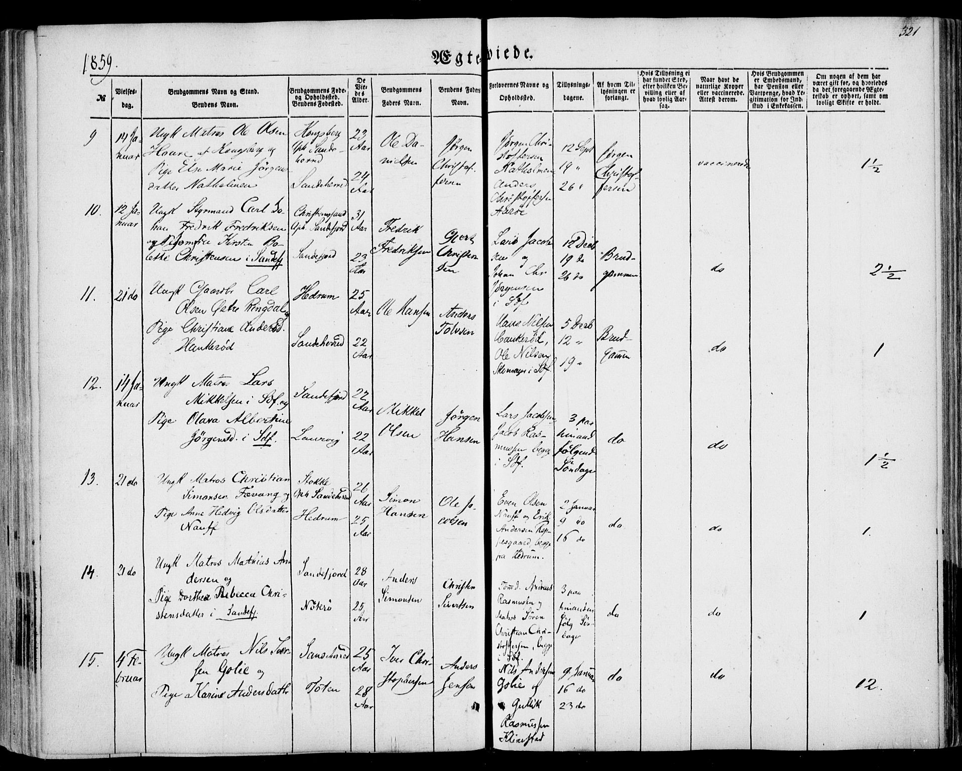 Sandar kirkebøker, AV/SAKO-A-243/F/Fa/L0007: Parish register (official) no. 7, 1855-1861, p. 321