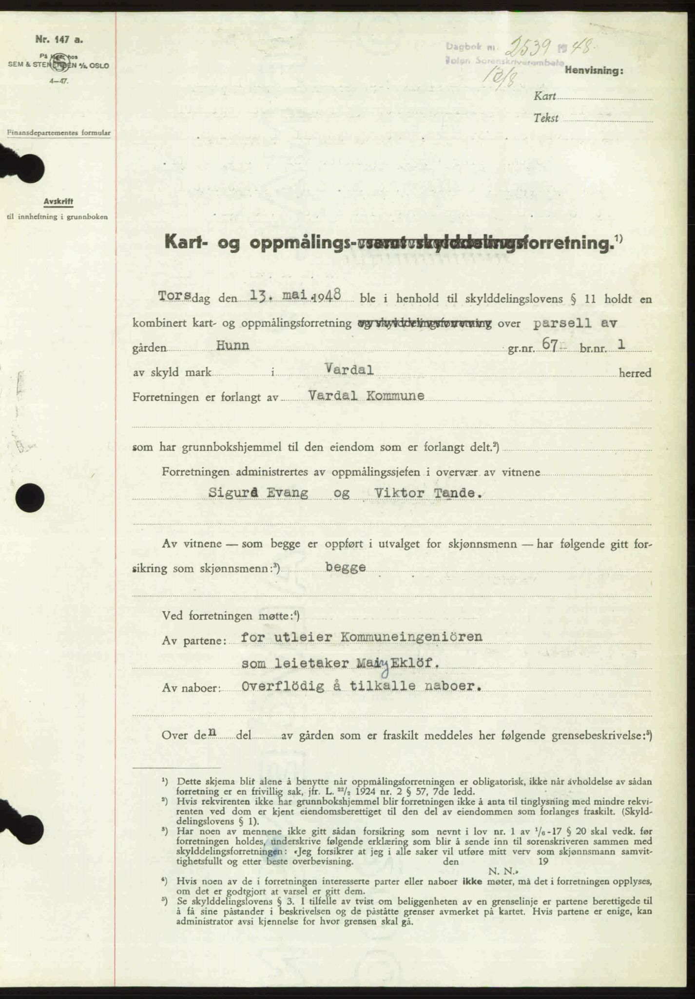 Toten tingrett, SAH/TING-006/H/Hb/Hbc/L0020: Mortgage book no. Hbc-20, 1948-1948, Diary no: : 2539/1948