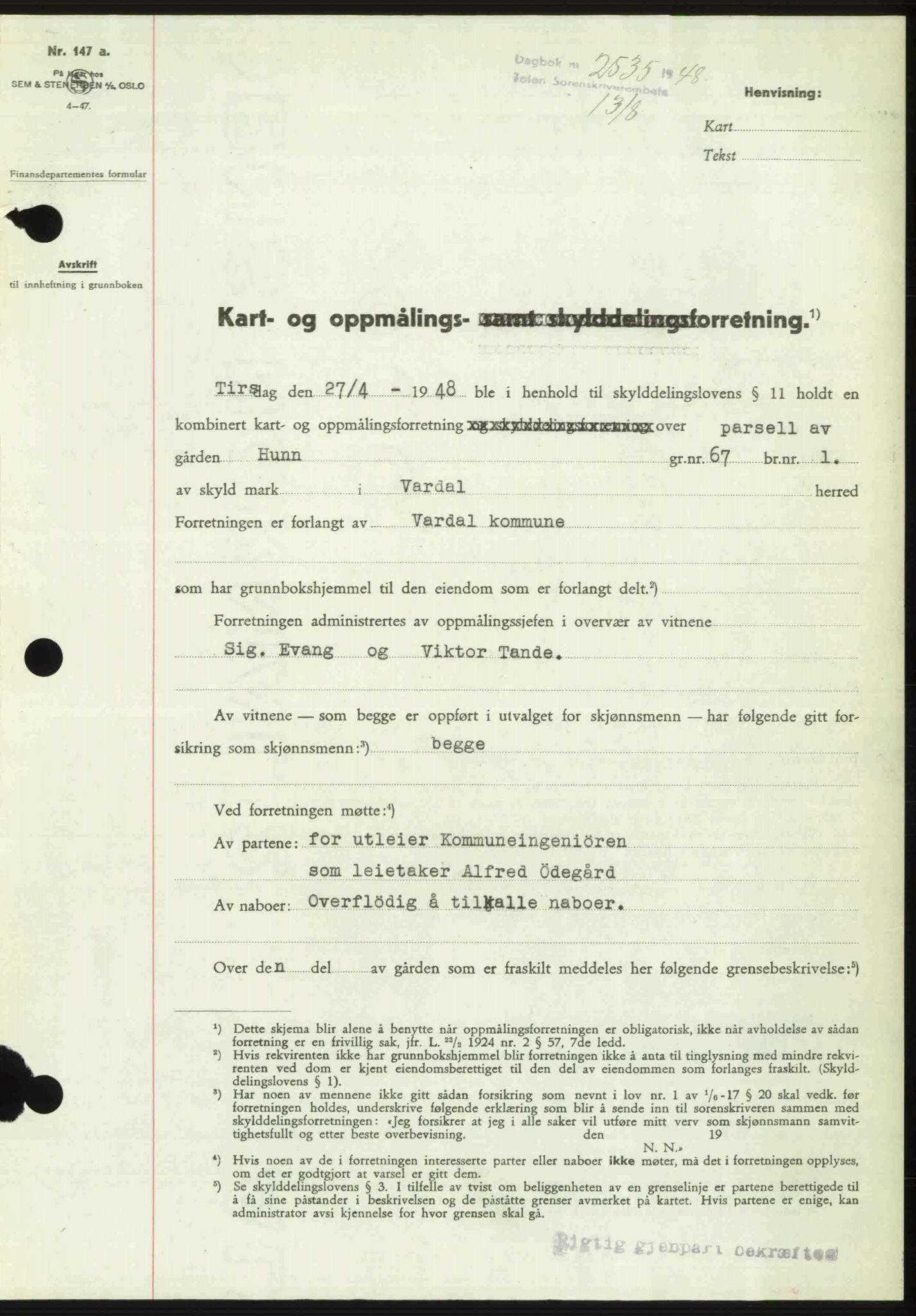 Toten tingrett, SAH/TING-006/H/Hb/Hbc/L0020: Mortgage book no. Hbc-20, 1948-1948, Diary no: : 2535/1948