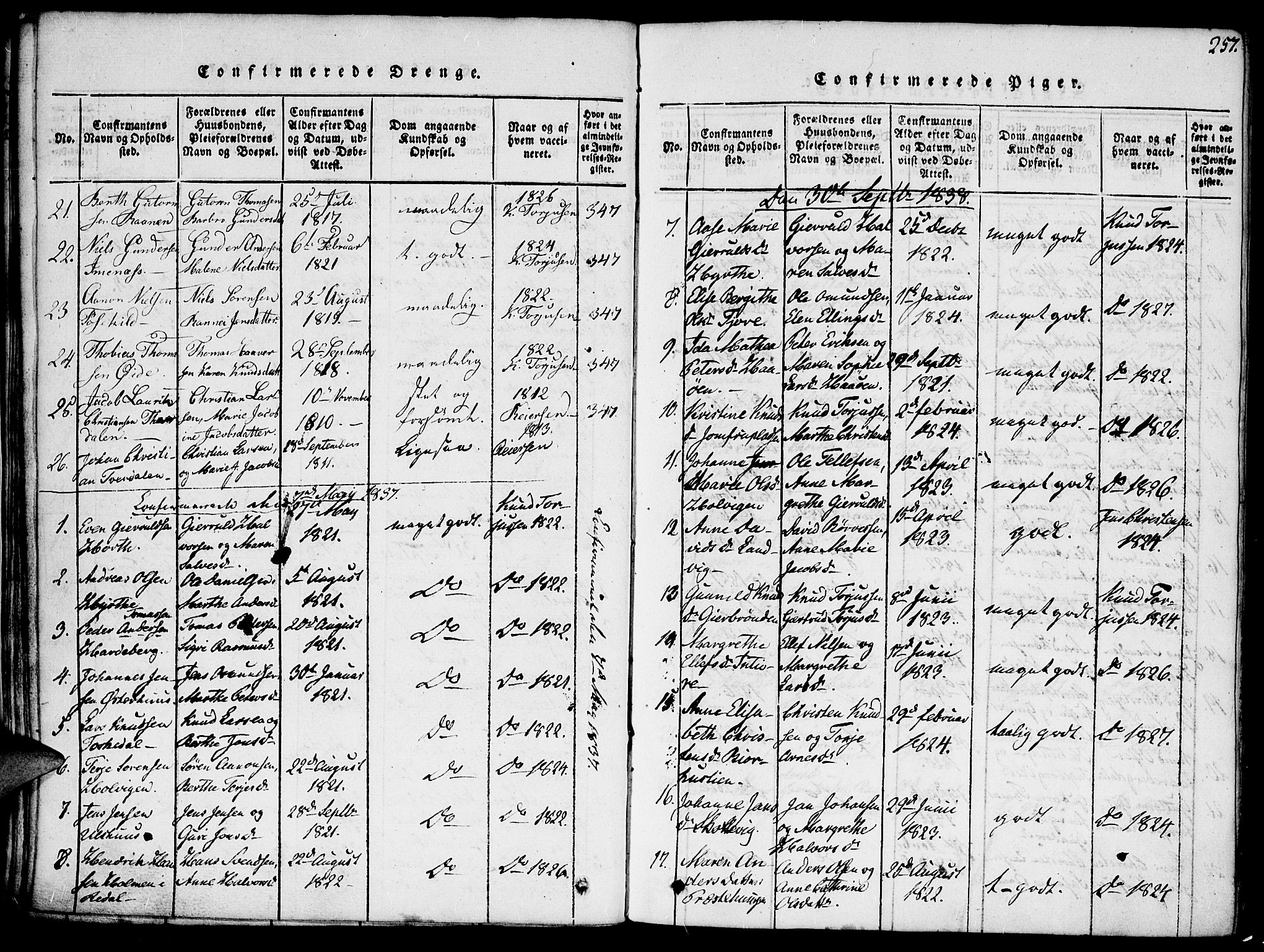 Hommedal sokneprestkontor, SAK/1111-0023/F/Fa/Fab/L0003: Parish register (official) no. A 3, 1815-1848, p. 257