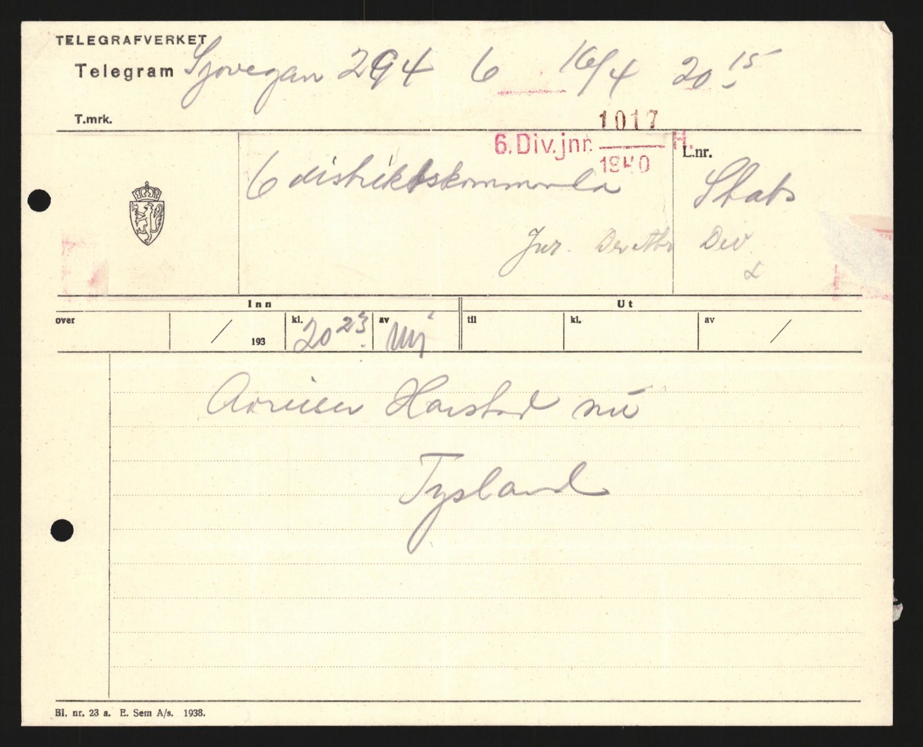 Forsvaret, Forsvarets krigshistoriske avdeling, AV/RA-RAFA-2017/Y/Yb/L0122: II-C-11-600  -  6. Divisjon med avdelinger, 1940, p. 23