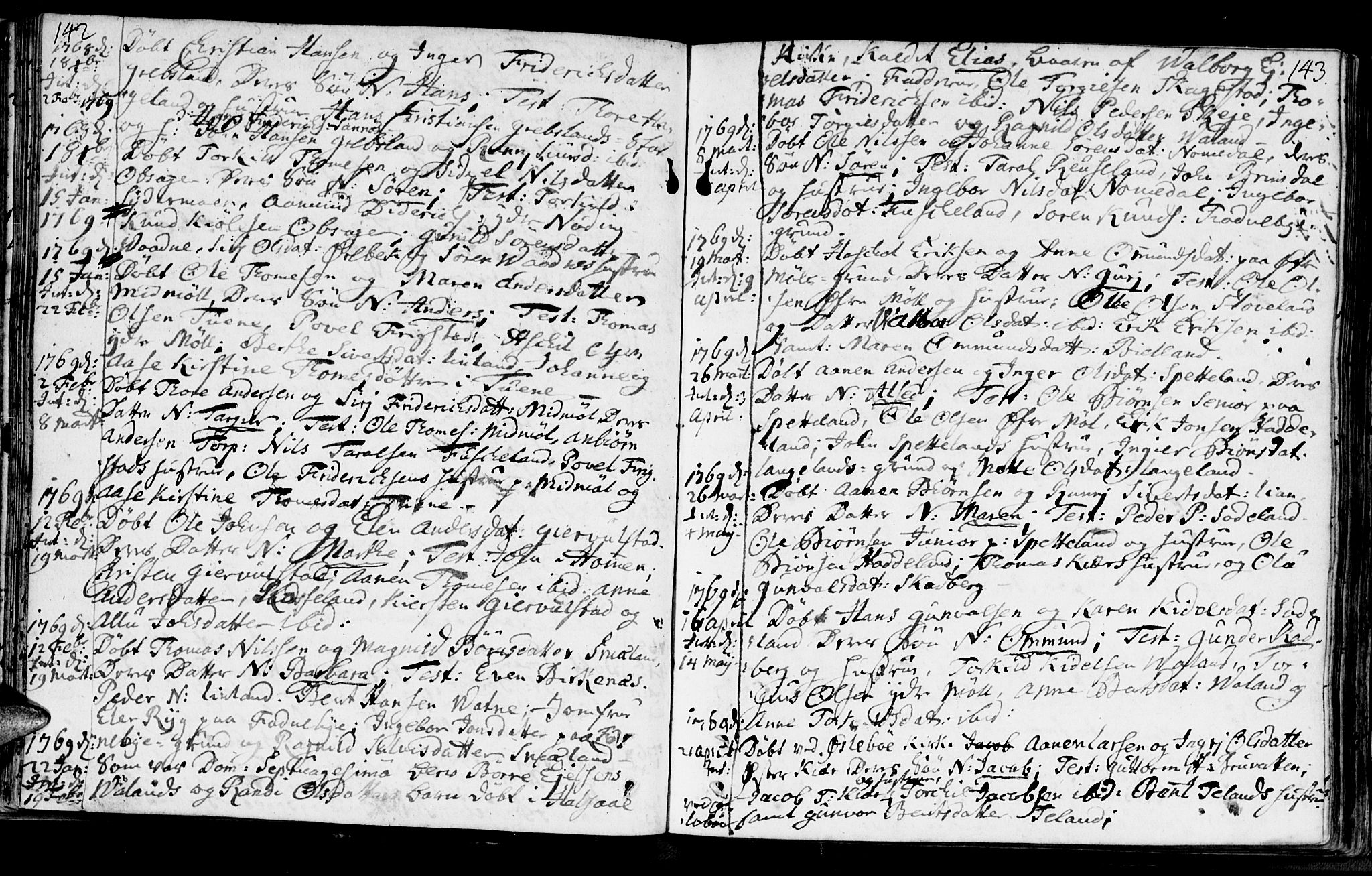 Holum sokneprestkontor, SAK/1111-0022/F/Fa/Faa/L0002: Parish register (official) no. A 2, 1756-1780, p. 142-143