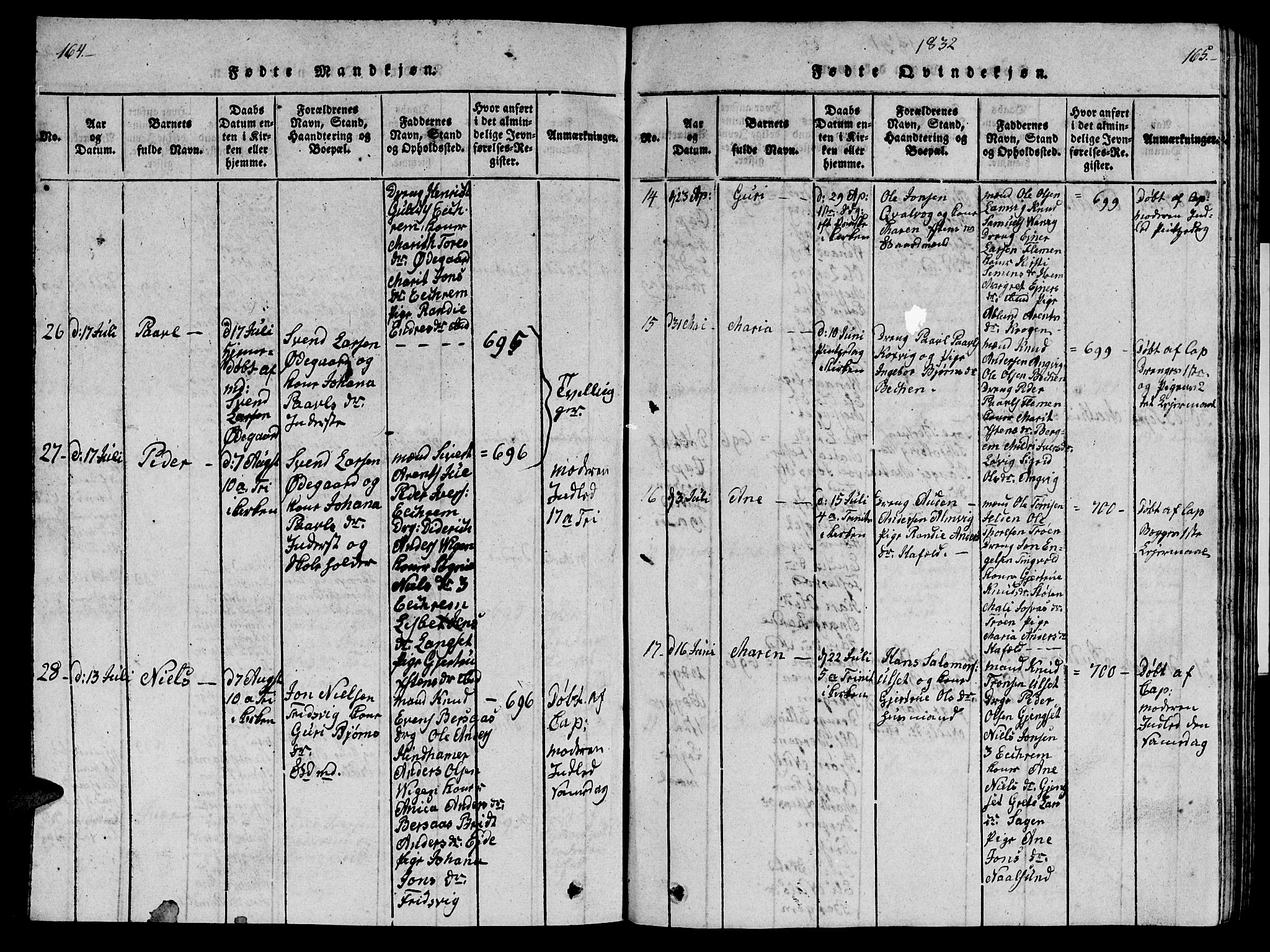 Ministerialprotokoller, klokkerbøker og fødselsregistre - Møre og Romsdal, AV/SAT-A-1454/586/L0990: Parish register (copy) no. 586C01, 1819-1837, p. 164-165